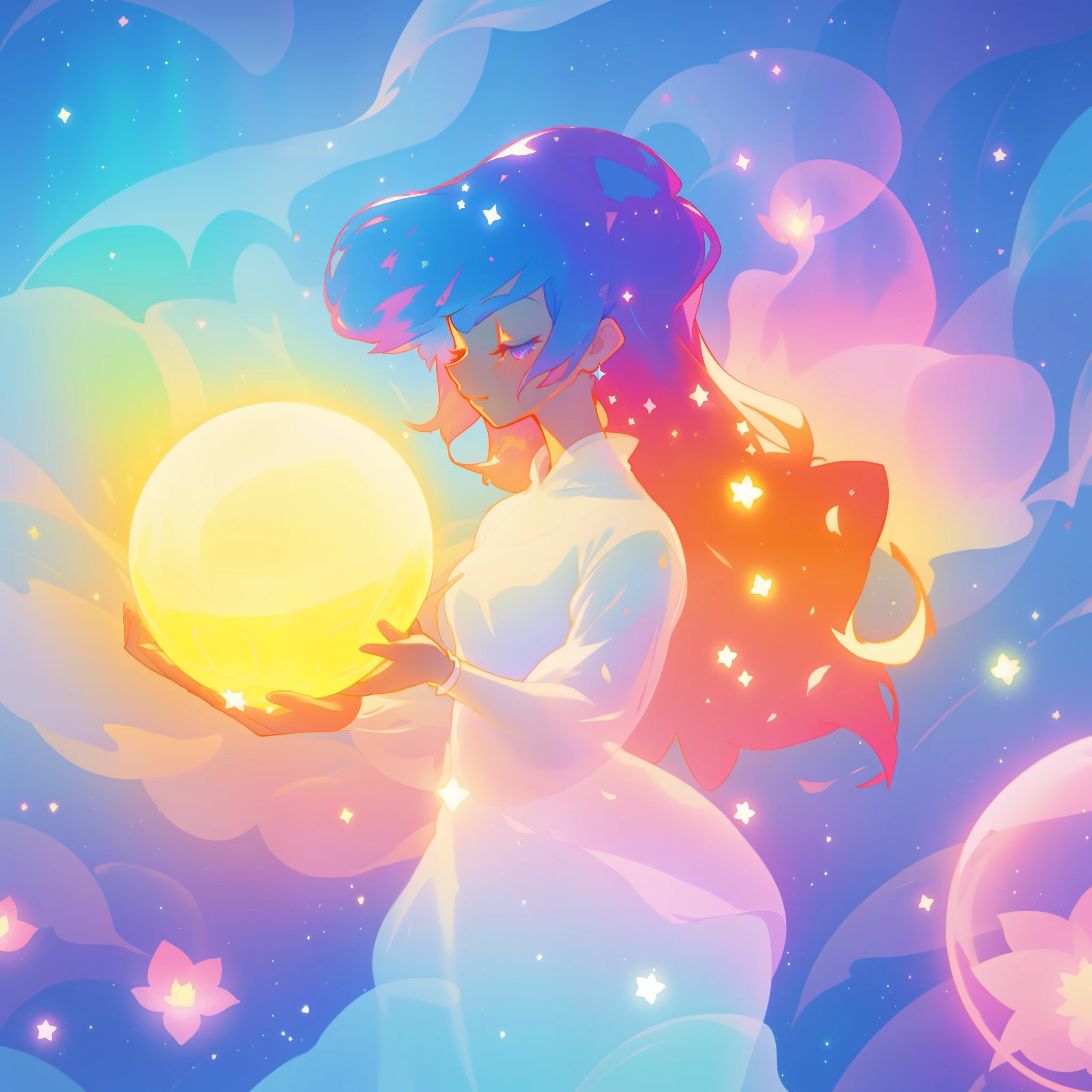 beautiful girl in sparkling white dress holding a glowing magical sphere, glowing ballgown, (magical, whimsical), (magical orb), long flowing colorful hair, colorful fantasia background, watercolor illustration, disney art style, glowing aura around her, glowing lights, beautiful digital illustration, fantasia otherworldly landscape plants flowers, beautiful, masterpiece, best quality, anime disney style, (perfect hands), profile view, eyes closed, looking at the orb