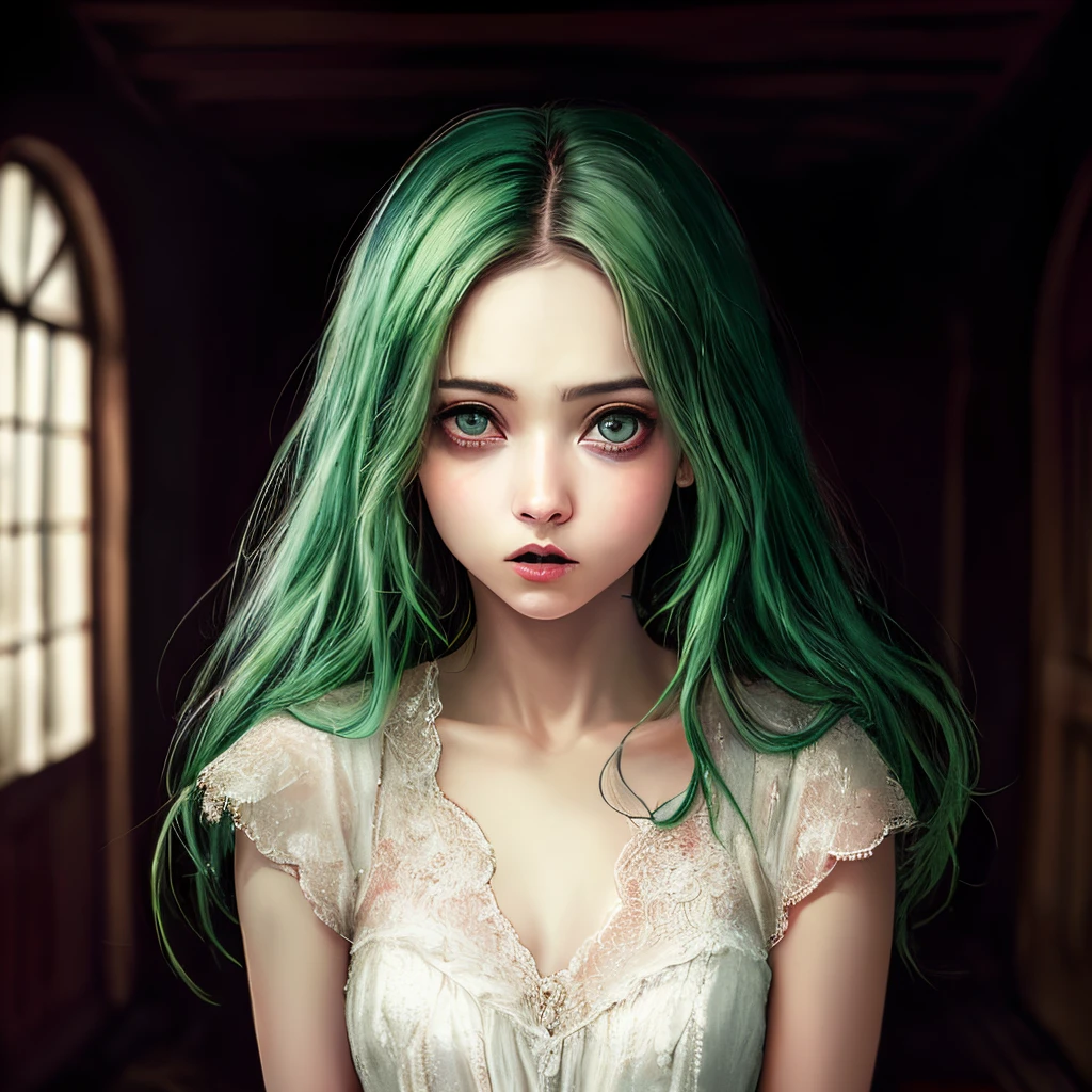 cantos de uma casa abandonada com pequenos seres de olhos fotomitos darkness realism HD, um fantasma mulher bonita de cabelos longos ruivos, 
vestido antigo verde   ela transparente, olhando ps seres