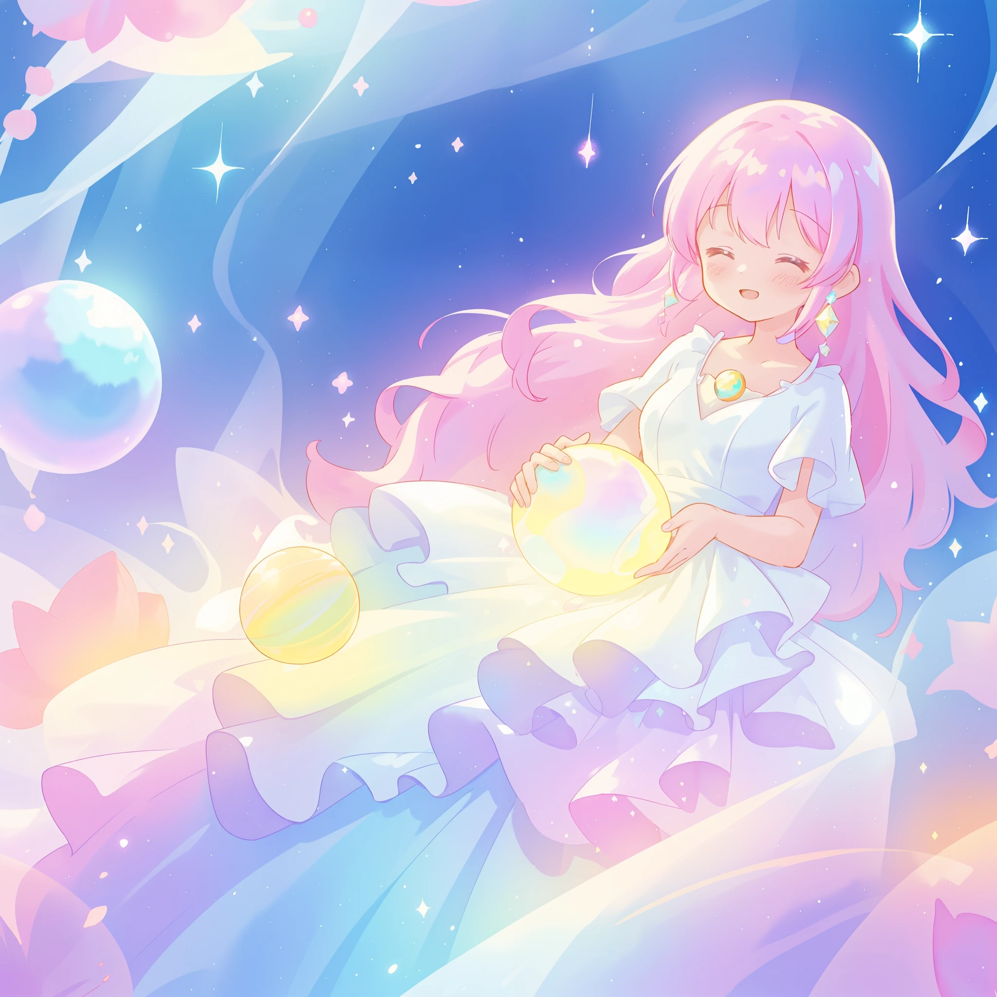 beautiful girl in sparkling white dress holding a magical sphere, ((sparkling puffy layered ballgown)), (magical, whimsical), (glowing magical orb), long flowing colorful hair, colorful fantasia background, watercolor illustration, disney art style, glowing aura around her, glowing lights, beautiful digital illustration, fantasia otherworldly landscape plants flowers, beautiful, masterpiece, best quality, anime disney style