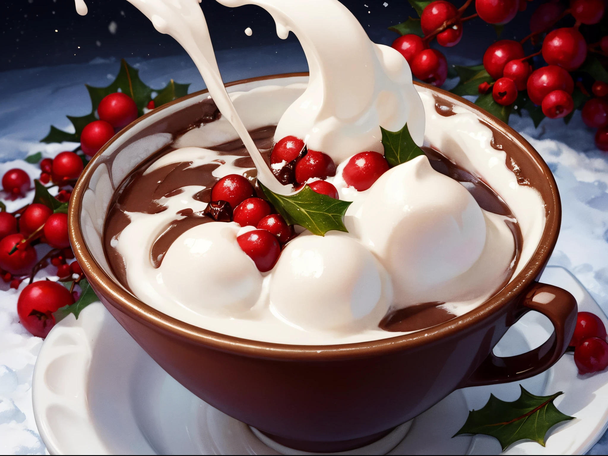 Watercolor clipart of a steaming mug of hot chocolate set against a snowy Christmas backdrop, marshmallows floating atop, holly leaves and berries adorning the handle, detailed flakes of snow gently falling, vivid colors capturing the warmth and festive atmosphere, high saturation, detailed texture of whipped cream, sense of coziness, seasonal charm, digital painting, ultra fine.