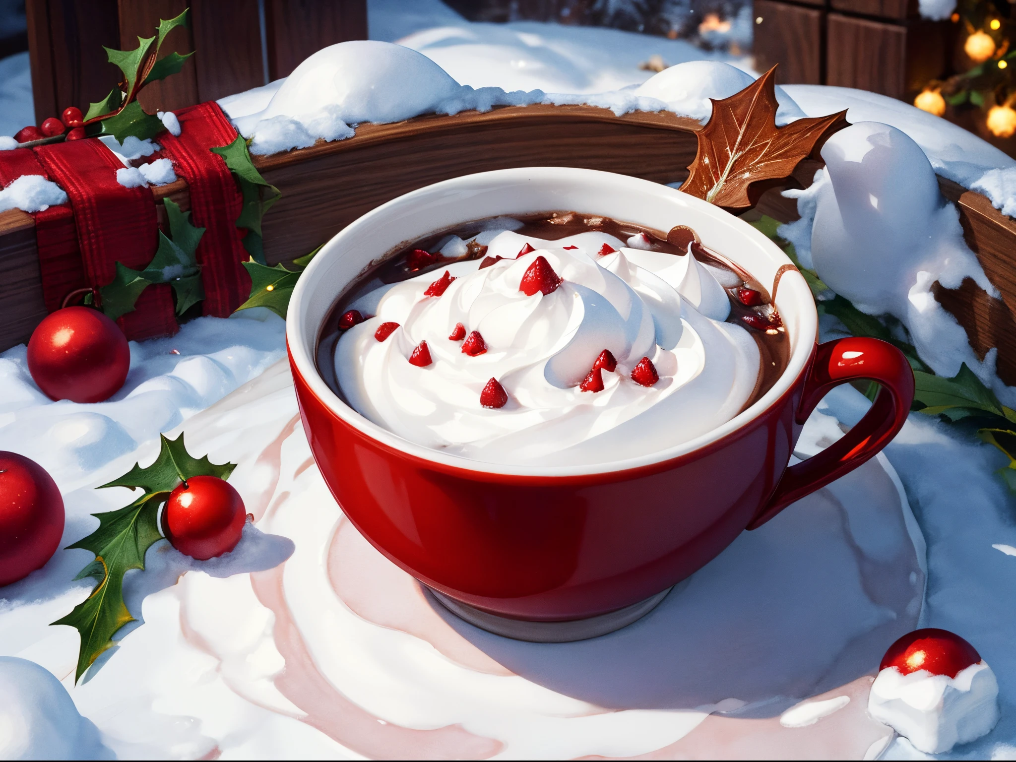 Watercolor clipart of a steaming mug of hot chocolate set against a snowy Christmas backdrop, marshmallows floating atop, holly leaves and berries adorning the handle, detailed flakes of snow gently falling, vivid colors capturing the warmth and festive atmosphere, high saturation, detailed texture of whipped cream, sense of coziness, seasonal charm, digital painting, ultra fine.
