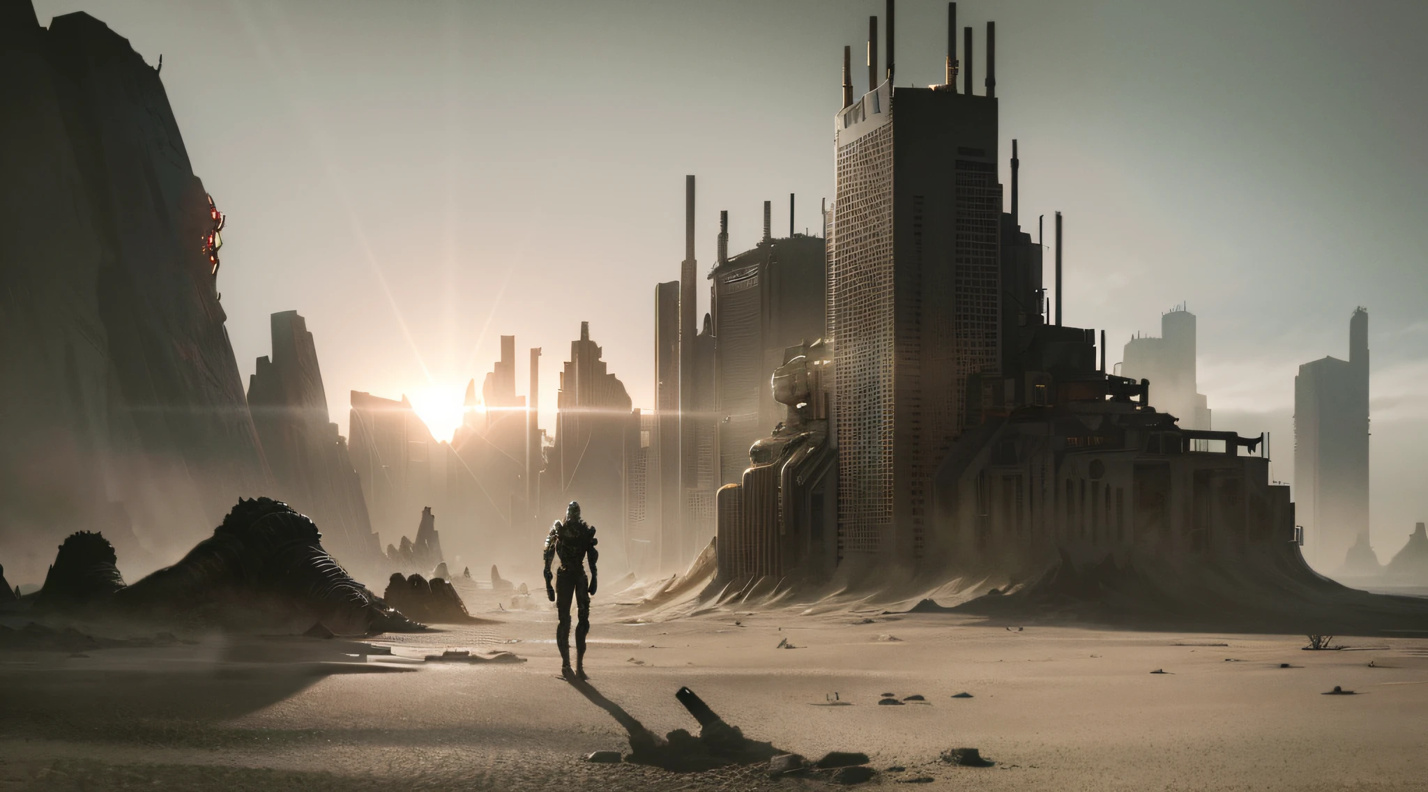 ((biopunk horror landscape)), many sand, grey sky, desert landscape, hopeless alien desert, hopeless dust storm, weak rays of light, cold lighting, (scorn videogame style), horror atmosphere, presence of something terrible, biopunk background, background by Hans Giger, perfect anatomy, masterpiece