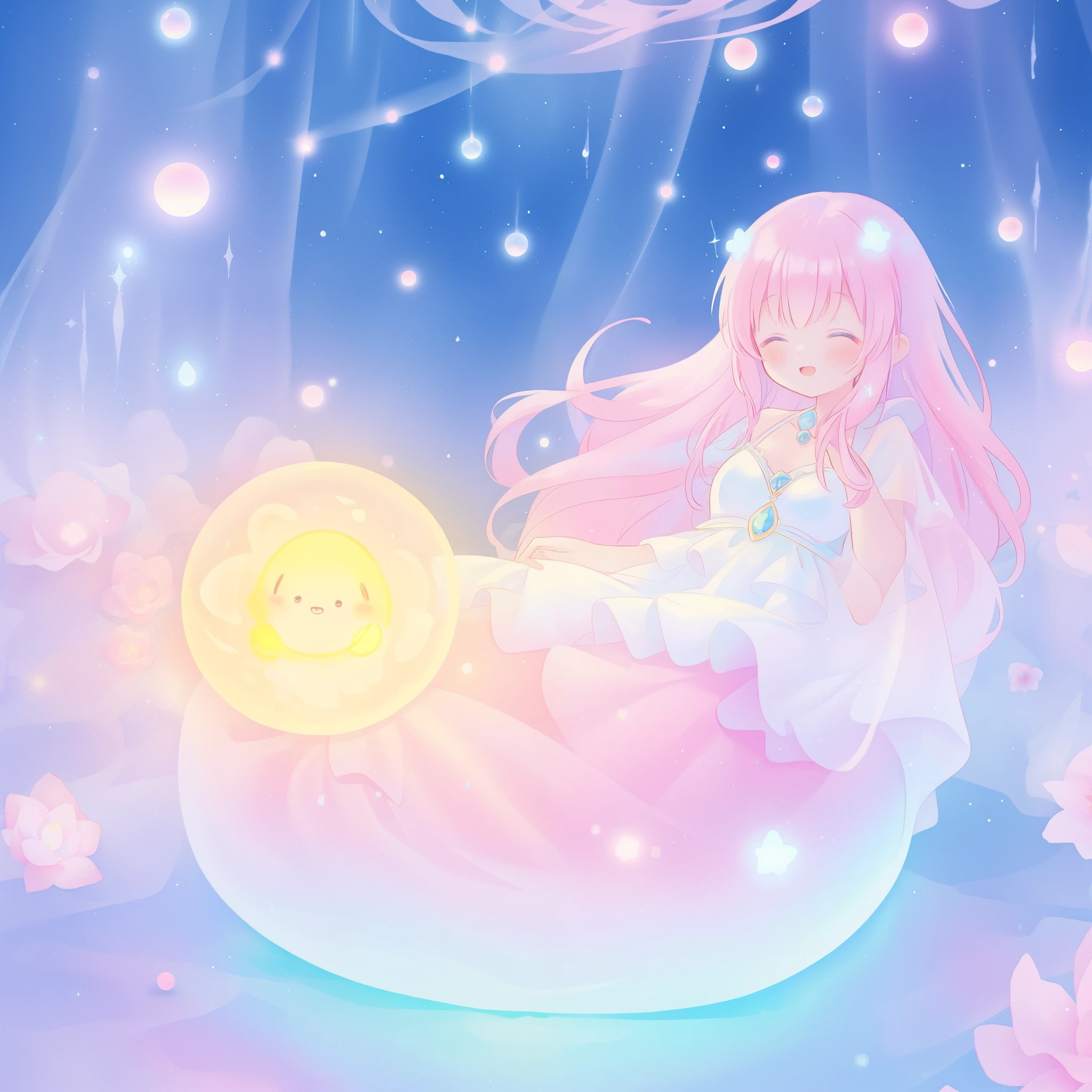 beautiful girl in sparkling white dress holding a magical sphere, ((sparkling puffy layered ballgown)), (magical, whimsical), (glowing magical orb), long flowing colorful hair, colorful fantasia background, watercolor illustration, disney art style, glowing aura around her, glowing lights, beautiful digital illustration, fantasia otherworldly landscape plants flowers, beautiful, masterpiece, best quality, anime disney style