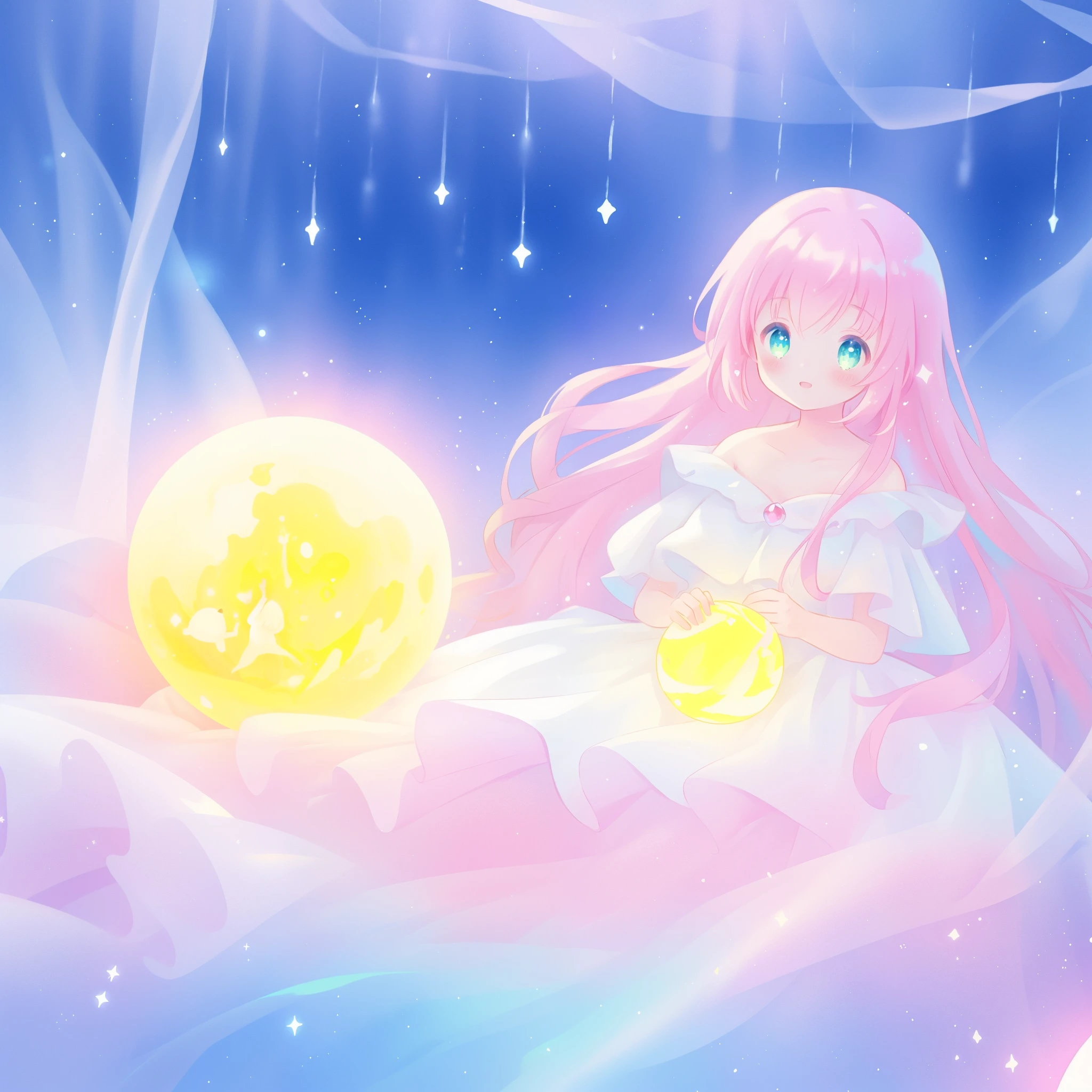 beautiful girl in sparkling white dress holding a magical sphere, ((sparkling puffy layered ballgown)), (magical, whimsical), (glowing magical orb), long flowing colorful hair, colorful fantasia background, watercolor illustration, disney art style, glowing aura around her, glowing lights, beautiful digital illustration, fantasia otherworldly landscape plants flowers, beautiful, masterpiece, best quality, anime disney style