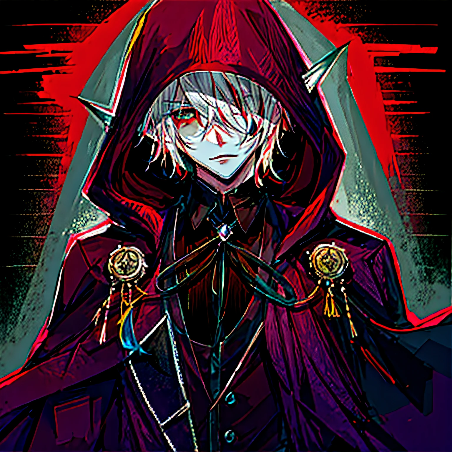 Photo of a woman wearing a red hood and a red cloak,