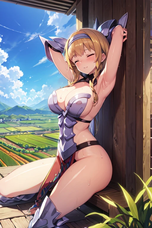 LeinaQuiron woman, 1girl, solo, breasts, blush, blue eyes, blonde hair, large breasts, cleavage, braid, hairband, armor, twin braids, side braid, short hair with long locks, buckle, shield BREAK (masterpiece, best quality:1.3), 4k, ultra-detailed, trending in pixiv, detailed background, BREAK (amidst the paddy field, countryside, scenery:1.4), BREAK (basking in the sunlight, cross-body stretch:1.3), smile, closed eyes, (sweat, shiny skin:1.3)