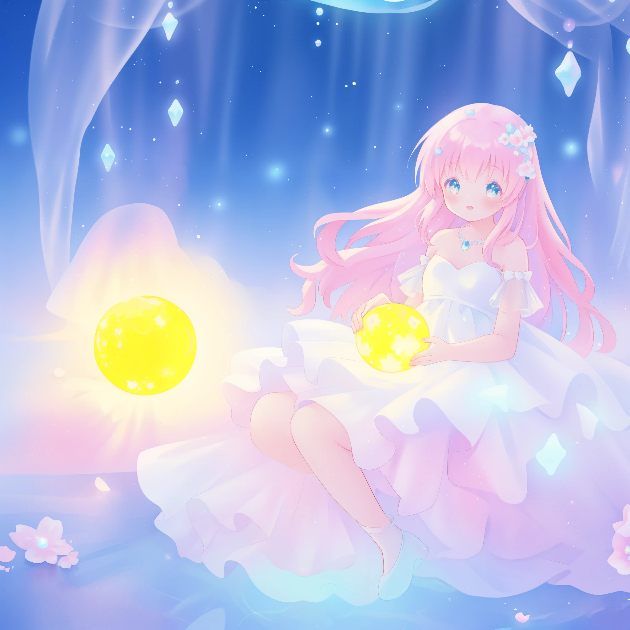 beautiful girl in sparkling white dress holding a magical sphere, ((sparkling puffy layered ballgown)), (magical, whimsical), (glowing magical orb), long flowing colorful hair, colorful fantasia background, watercolor illustration, disney art style, glowing aura around her, glowing lights, beautiful digital illustration, fantasia otherworldly landscape plants flowers, beautiful, masterpiece, best quality, anime disney style