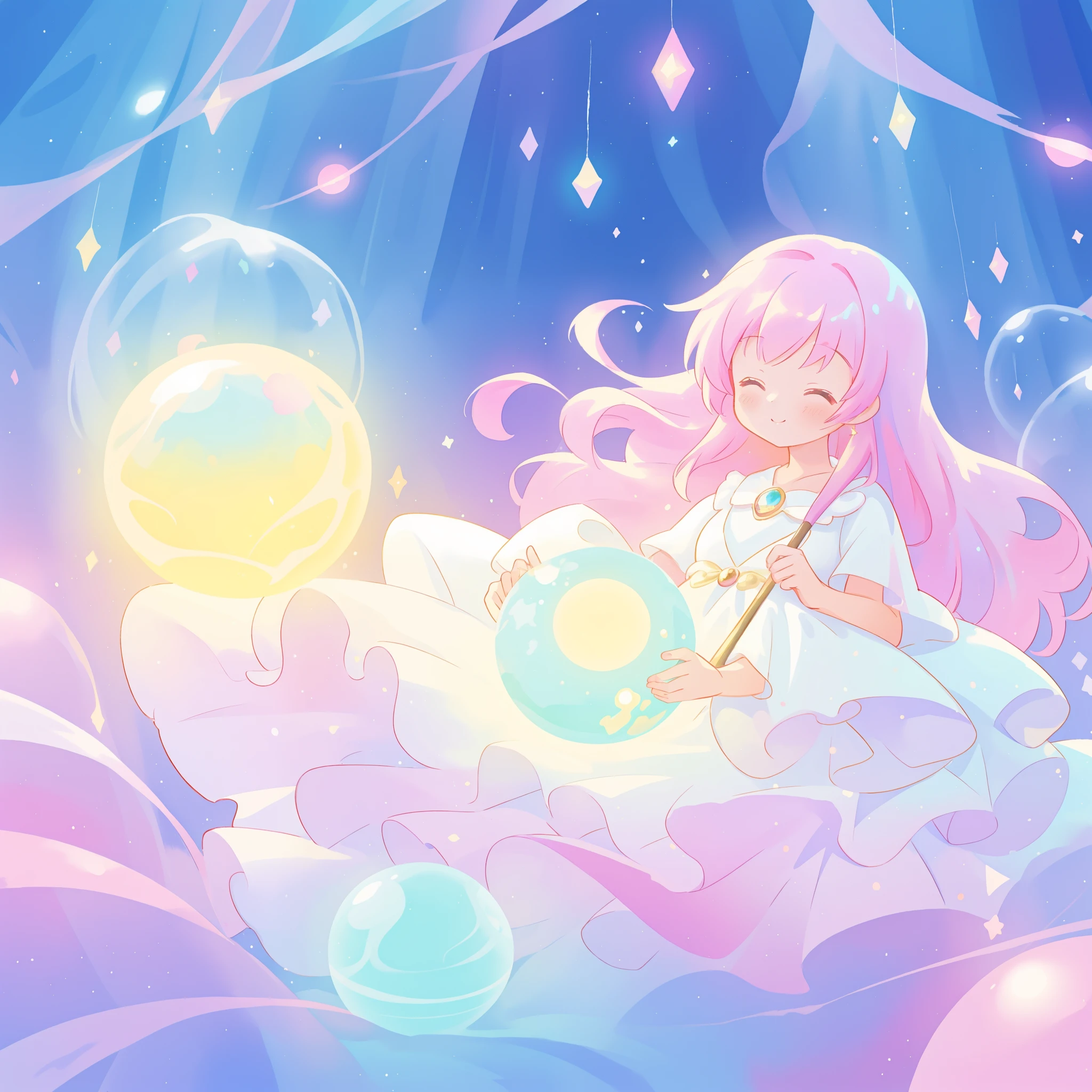 beautiful girl in sparkling white dress holding a magical sphere, ((sparkling puffy layered ballgown)), (magical, whimsical), (glowing magical orb), long flowing colorful hair, colorful fantasia background, watercolor illustration, disney art style, glowing aura around her, glowing lights, beautiful digital illustration, fantasia otherworldly landscape plants flowers, beautiful, masterpiece, best quality, anime disney style