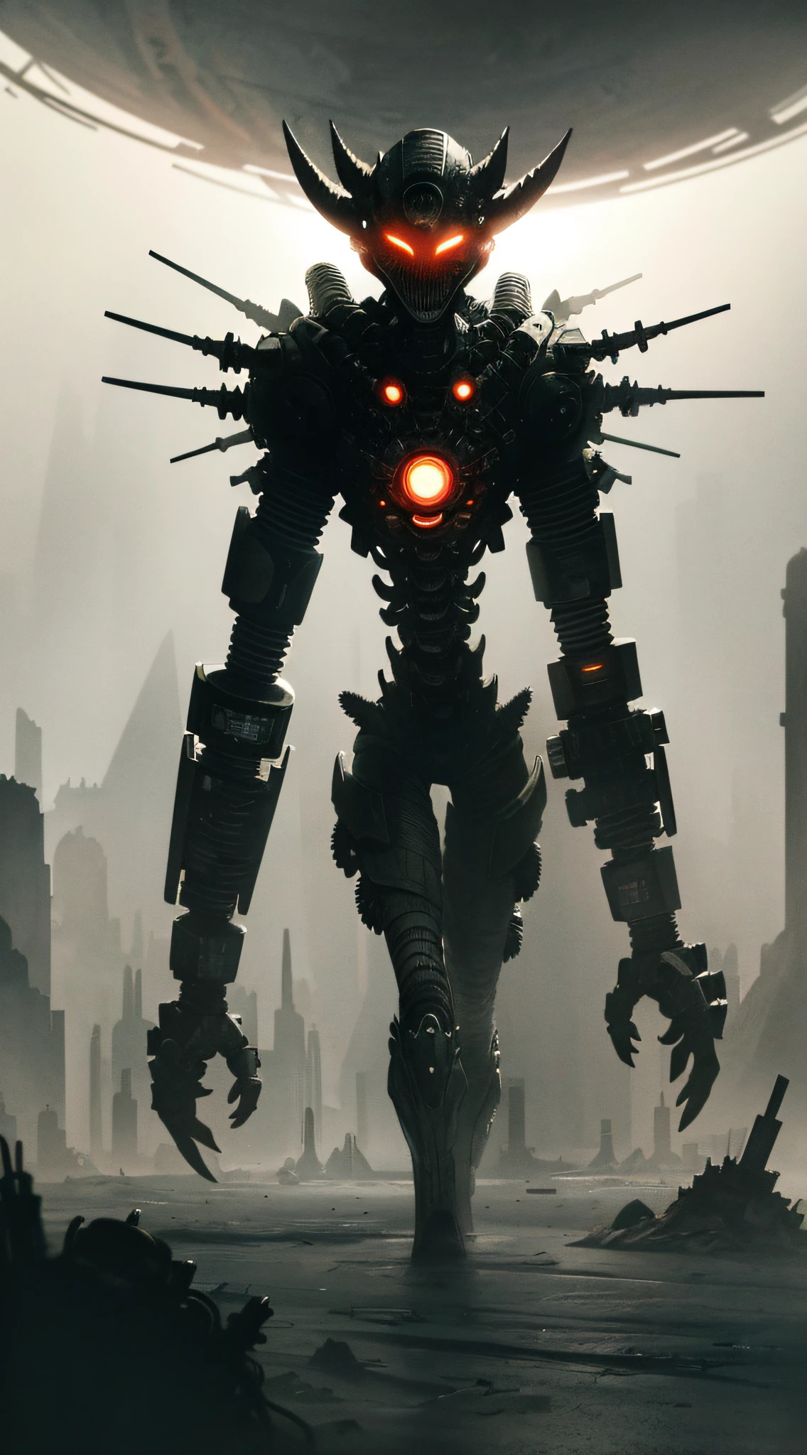 A mechanical zombie and a city, Rube Goldberg's poster art, Sharingan, Wind and Cold theme, Epic Splash Art, Psychedelic Art, Surrealism, Raven, Dollar, Lightning, Green Light, 4K