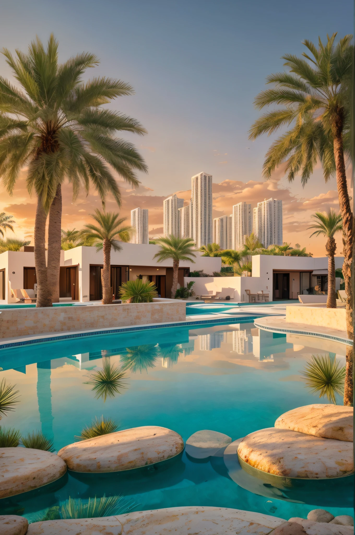 (best quality,4k,8k,highres,masterpiece:1.2),ultra-detailed,(realistic,photorealistic,photo-realistic:1.37),tropical,tropical paradise,warm water pool,desert oasis,lively outdoor cityscape,inspired by the architecture of Ricardo Bofill,majestic palm trees,architectural masterpiece,golden hour in the morning,vibrant and colorful,summer setting,portraits,contemporary setting