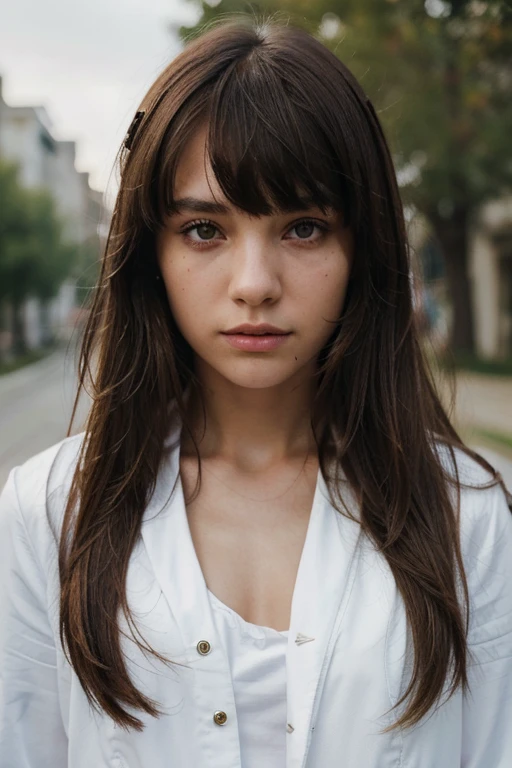 Masterpiece, hight resolution, Screenshot, Best Quality, 1girl, (scar on his left eye), White cropped jacket, Highly detailed, the rule of thirds, Jewelry, Long hair, Bangs, Hair between the eyes