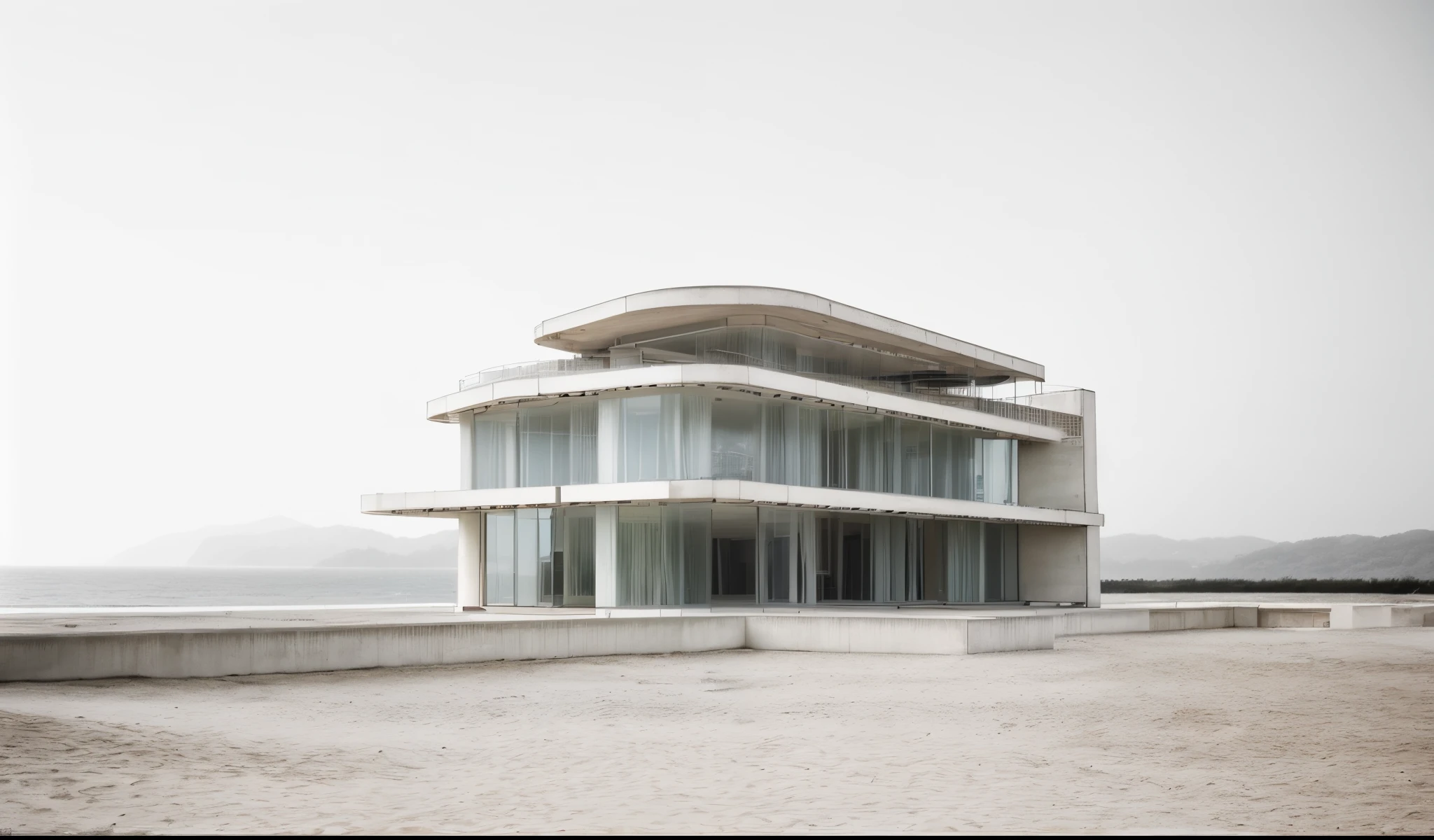 Editorial photo from Dwell, Contemporary building by the sea, in the sunrise, tadao Ando, beautiful forest background, beige concrete wall, glass window with black aluminium frame, add trees on the balcony, white color scheme