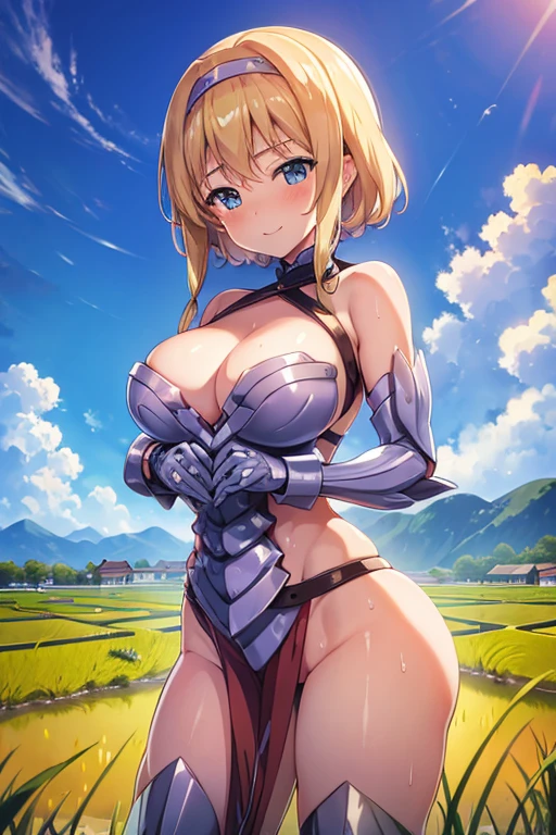 LeinaQuiron woman, 1girl, solo, breasts, blush, blue eyes, blonde hair, large breasts, cleavage, braid, hairband, armor, twin braids, side braid, short hair with long locks, buckle, shield BREAK (masterpiece, best quality:1.3), 4k, ultra-detailed, trending in pixiv, detailed background, BREAK (amidst the paddy field, countryside, scenery:1.4), BREAK (basking in the sunlight, yokozuwari:1.3), happy smile, (sweat, shiny skin:1.3)