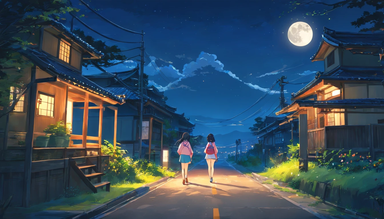 !Draw [a] Japanese-style illustration, ((general plan)), !Draw ~two women, $Both with short black hair in a mushroom style, $They are both beautiful and of similar height, they wear modern attire, $They wear green shirts, tight white shorts, and blue sports shoes, $They walk along a "mysterious and misty" path, ((!Draw houses on both sides of the road)), $The view is from the backs of both women, (under the light of the full moon), !Draw the Moon @in the upper left corner, {((Realistic anime style, contrasting lighting, high resolution, atmosphere of malevolence)), -v 5 --stylize 1000, best quality, masterpiece, colorful, dynamic angle, greater detail, ((HDR))+, dark color palette, horror theme, supernatural atmosphere, creepypasta, "dark and sinister atmosphere", (intricate details, hyper-detailed:1.15), moonlight passing through hair, fantastic art background}}