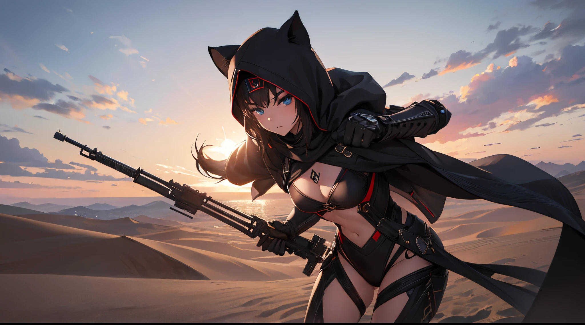 1girl, highres, 8k, hyperealistic, ultradetailed, dawn, dunes, sand desert, assasin suit, mask, black suit, persian suit, assasin creed suit, detailed, dynamic pose, wide vew, photoshoot