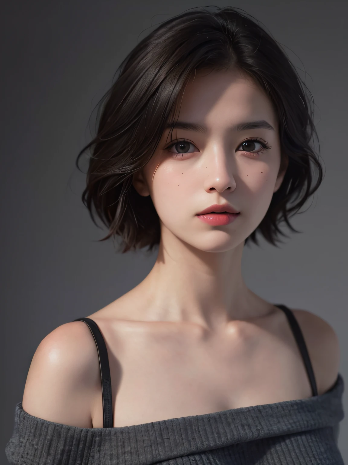 Best quality, masterpiece, ultra high res, (photorealistic:1.5), raw photo, 1girl, offshoulder, in the dark, deep shadow, low key, cold light, sexy look, short hair