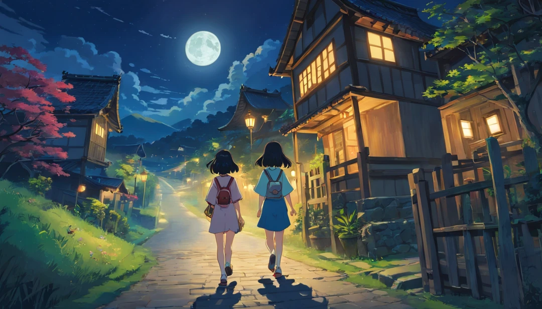 !Draw [a] Japanese-style illustration, ((general plan)), !Draw ~two women, $Both with short black hair in a mushroom style, $They are both beautiful and of similar height, they wear modern attire, $They wear green shirts, tight white shorts, and blue sports shoes, $They walk along a "mysterious and misty" path, ((!Draw houses on both sides of the road)), $The view is from the backs of both women, (under the light of the full moon), !Draw the Moon @in the upper left corner, {((Realistic anime style, contrasting lighting, high resolution, atmosphere of malevolence)), -v 5 --stylize 1000, best quality, masterpiece, colorful, dynamic angle, greater detail, ((HDR))+, dark color palette, horror theme, supernatural atmosphere, creepypasta, "dark and sinister atmosphere", (intricate details, hyper-detailed:1.15), moonlight passing through hair, fantastic art background}}