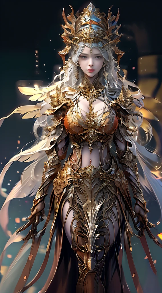 Elf woman in golden transparent dress,view the viewer,(((Seios Enormes, major cleavage))),big breasts thin waist,(navel-baring,Naked Wai girl in shining armor, Beautiful gold and silver armor, ighly detailed, tiaras and fine jewelry, long, shapeless hair, ultra-detailliert, Zhenyi Station, place of storm, detailed fantasy art, amazing character art, Beautiful and exquisite character art, Crystal Jewelry Filigree, milkyway, stunning visuals, (Dynamic streaks, Light traces:1.2), vivd colour, Cinematic lighting.