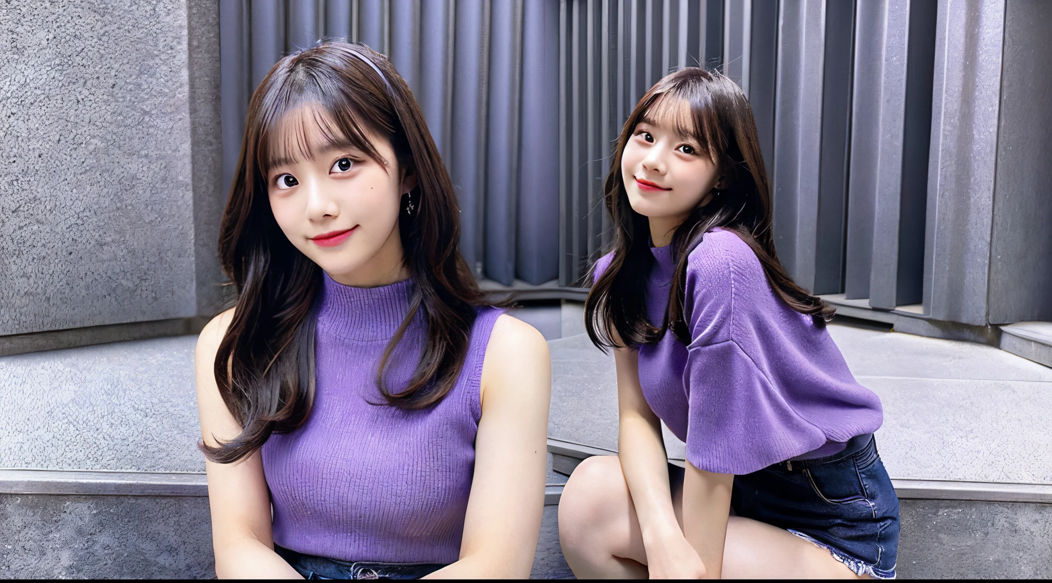 Beautiful girl 18 years old in purple miniskirt