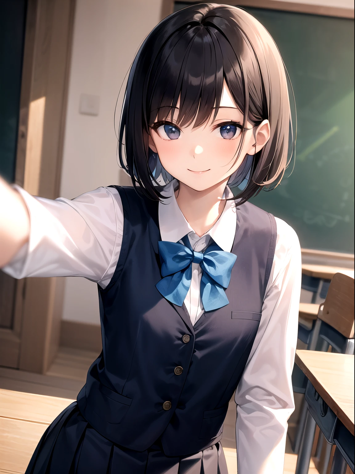 close up,dynamic pose, a girl, 20 years old, black hair, short hair,bob cut, smile,happy, large brown eyes, flat chest, bowtie,dark blue vest, long sleeves shirt, dark blue pleated skirt, indoors,school, , absurdres, extremely detailed, masterpiece, high quality, wallpaper 8k CG