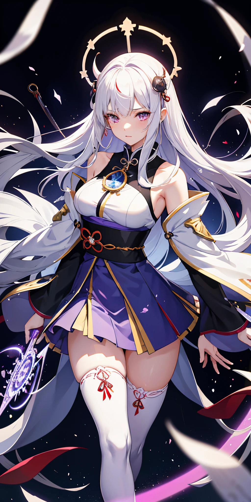 1girl, japanese clothes, long flowing hair ,white hair, purple eyes, magic circle, blue fire, blue flames, wallpaper, landscape, blood, blood splatter, depth of field, night, light particles, light rays, sidelighting, thighs, fate \(series\), genshin impact, ****, open jacket, skirt, thighhighs, cloud