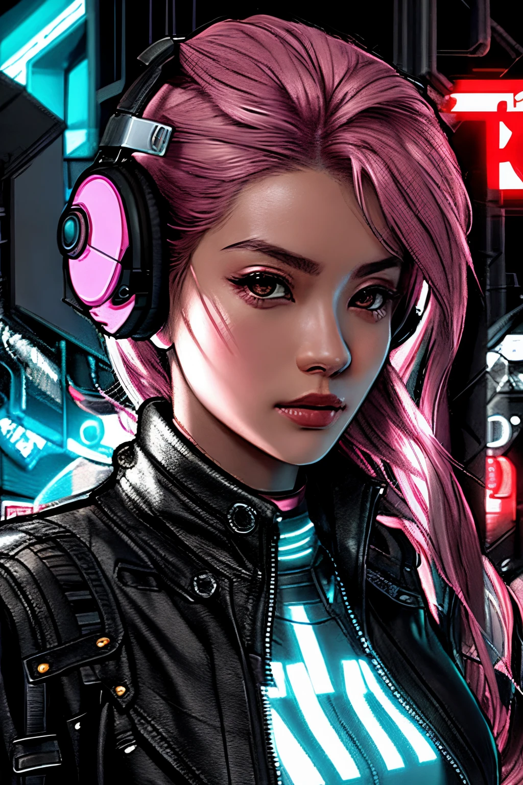 (best quality,4k,8k,highres,masterpiece:1.2),ultra-detailed,(realistic,photorealistic,photo-realistic:1.37),woman with headphones on in a futuristic city,scifi,neon lights,technological .BREAK (leather jacket) ((Black)). BREAK pink hair, BREAK with mắt màu xanh ngọc