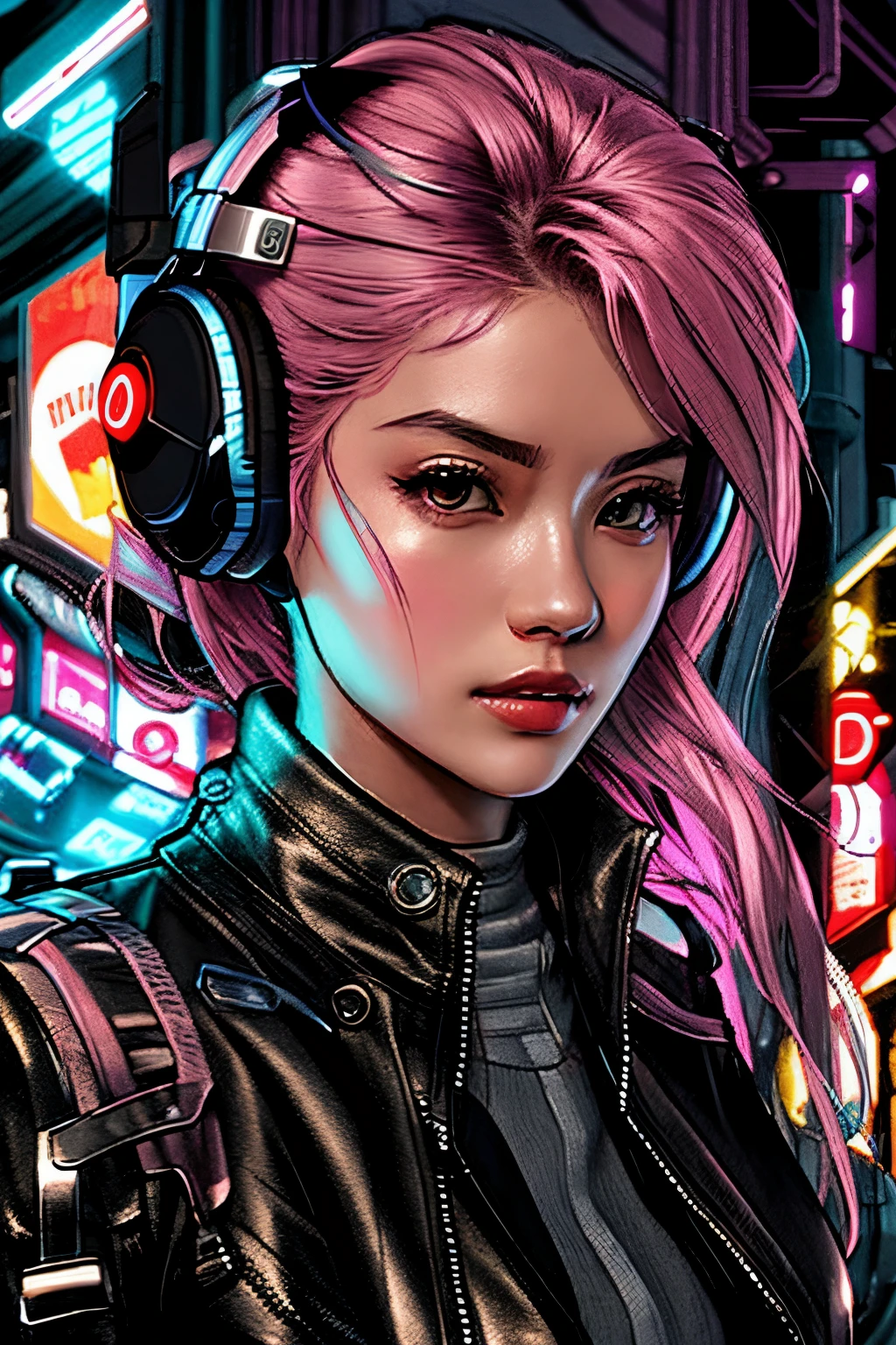 (best quality,4k,8k,highres,masterpiece:1.2),ultra-detailed,(realistic,photorealistic,photo-realistic:1.37),woman with headphones on in a futuristic city,scifi,neon lights,technological .BREAK (leather jacket) ((Black)). BREAK pink hair, BREAK with mắt màu xanh ngọc