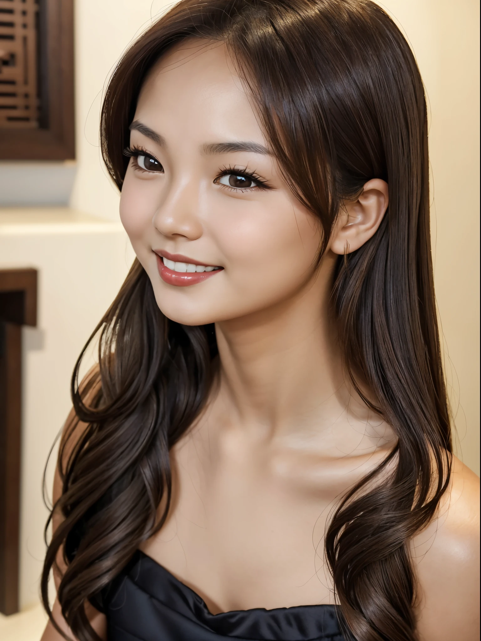 (Masterpiece), (Realistic), (best quality), blurred background, (idol_face), tanned_chinese_cute_28+years_woman, straight_brown-walnut_hair, (small)_forehead, ((small)_(rounded)_eyebrows), (brown-walnut_monolid_upturned_eyes), (double_eyelid), most beautiful_perfect_nose, big_round:1.4_feminine_cute_cheeks, round_feminine_cheekbone, thin:1.2_lips, red_lips, (broad:1.3)_feminine_jaw, rounded_chin, short_153cm_beautiful_feminine_body, wearing_beautiful_feminine_short_black_strapless_dress, sensual_friendly_expression, (looking_at_viewer), body_visible, smiling