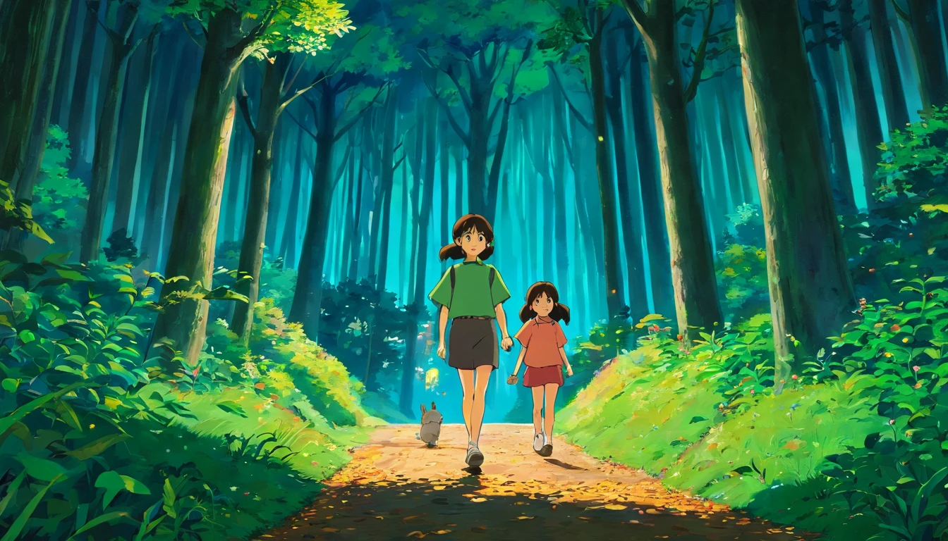 (best quality,highres:1.2),ultra-detailed,two girls walking at night through a forest,[green blouse],[black pants],[white shoes],dark and mysterious forest scenery,moonlight shining through the dense trees,captivating atmosphere,subtle moonlit shadows,serene and peaceful ambience,calm and quiet surroundings,colorful flowers and plants,soft rustling of leaves underfoot].