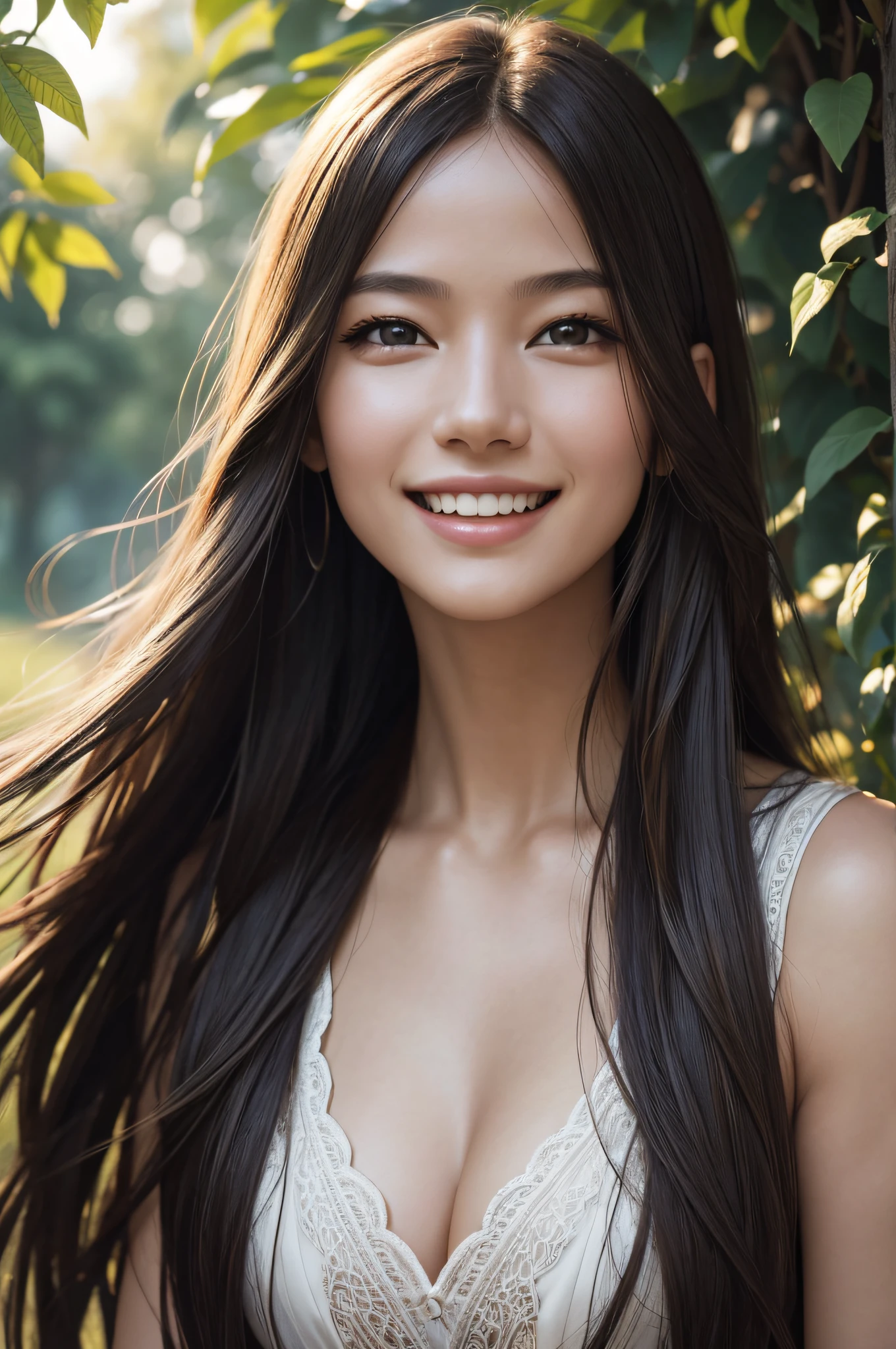 woman posing for a photo, Laugh, Happy, Long hair, Straight hair, finely detailed skin, During the day, A hot summer day, Nature lighting, detailed face:1.2, sharp focus, Hasselblad photography, masterpiece, Light makeup, cinematic lighting, 4k, best quality
