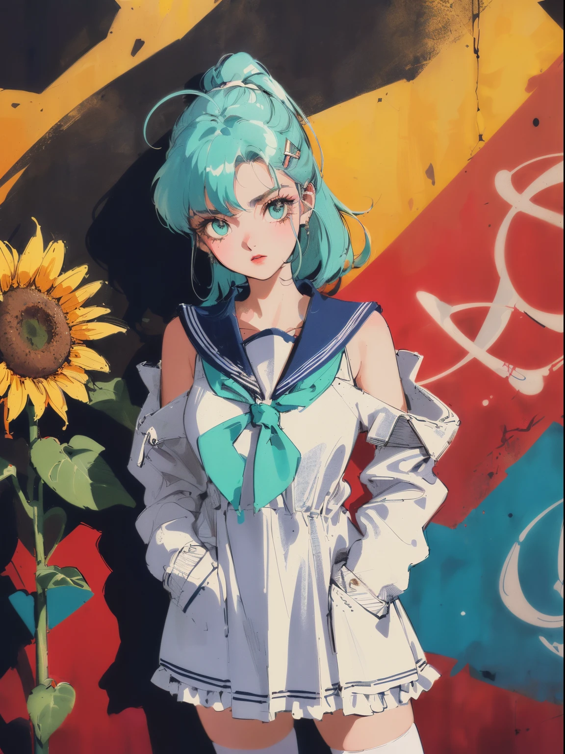 ((((90's anime style,1990s style,1970s anime，have the style of folk portraits，retro style posters,chicano inspired retro fashion，renaissance,  retro style inspiration retro, dusty,sandstone,sandstorm,sunflower, fresh and clean appearance，))))(masterpiece:1.2, best quality,top quality,epic quality,UHD), (detalhes intrincados),((head tilts,hands in pockets,)) 1lady, solo,minimal makeup, tecidos naturais,innocent, cara travessa,((rich background,))  ((ruined wall,graffiti wall，scribble art，broken window,))mint hair,{short hair|knot top|Clearly visible strands of hair|natural curved|ahoge|shining hairclip|high ponytail},claros, franja, franja na testa,incredibly_absurdres pupils,saia plissada, (((sagging breasts))), face madura, detailed face, ((ultra-detailed,  lovely)), (geometric:1.2),)),  ((off shoulders,frills,sleeves past wrists,sailor dress,sailor uniform, stockings,))ray tracing,god lighting,god ray)),((extremely_Detailed_Eyes_and_face)),(Beautiful and aesthetic: 1.2),Brilliant,unbelievable Ridiculous quality,)),((extremely_Detailed_Eyes_and_face)),(Beautiful and aesthetic: 1.2),Brilliant，Ultra-precise depiction, Ultra-detailed depiction,Bokeh (85mm Shot)，(((Delicate fingers and hands:0.55))::0.85))),(Detailed fingers),