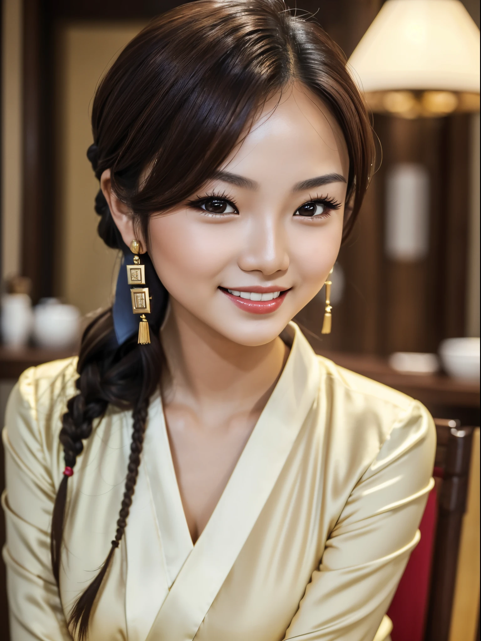 (Masterpiece), (Realistic), (best quality), blurred background, (idol_face), tanned_chinese_cute_28+years_woman, straight_brown-walnut_hair, (small)_forehead, ((small)_(rounded)_eyebrows), (brown-walnut_monolid_upturned_eyes), (double_eyelid), most beautiful_perfect_nose, big_round:1.4_feminine_cute_cheeks, round_feminine_cheekbone, thin:1.2_lips, red_lips, (broad:1.3)_feminine_jaw, rounded_chin, short_153cm_beautiful_feminine_body, wearing_beautiful_qipao, sensual_friendly_expression, (looking_at_viewer), body_visible, smiling, in_front_of_Yonghe