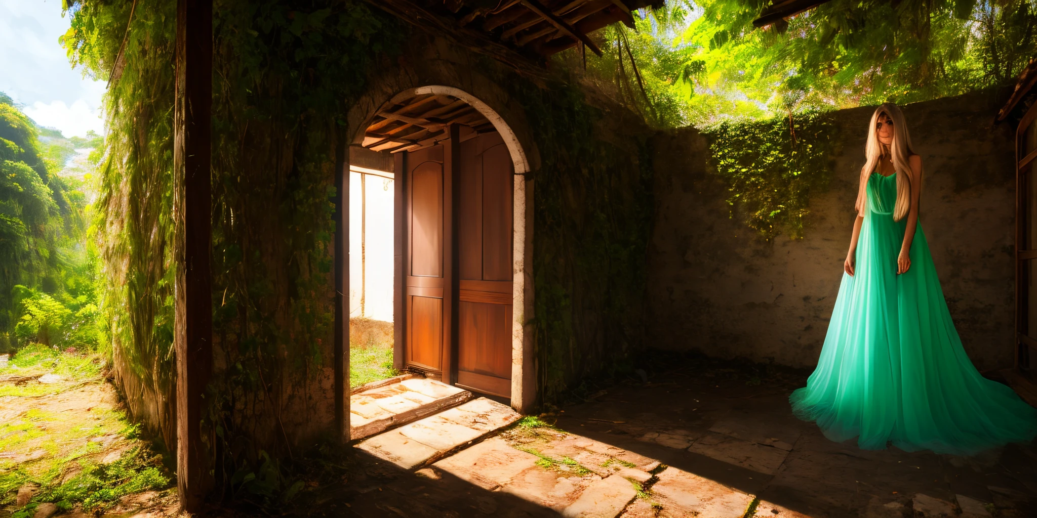 cantos de uma casa abandonada com pequenos seres de olhos fotomitos darkness realism HD, um fantasma mulher bonita de cabelos longos ruivos, 
vestido antigo verde   ela transparente, olhando ps seres