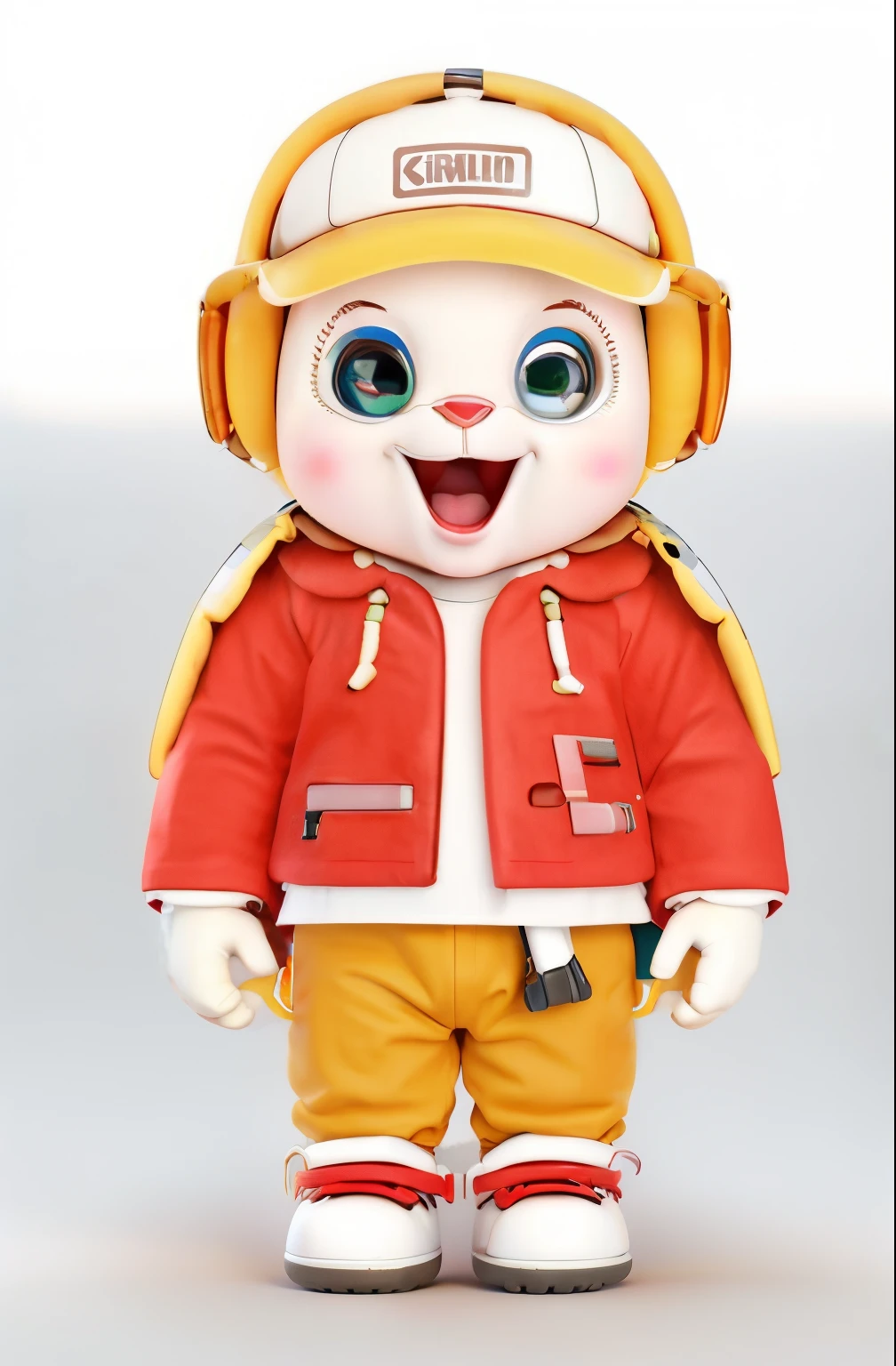 solo person，Libido boy，with her mouth open，greybackground，standing on your feet，ssmile，full bodyesbian，malefocus，baseball cap，Earphone，Turtle shell back decoration