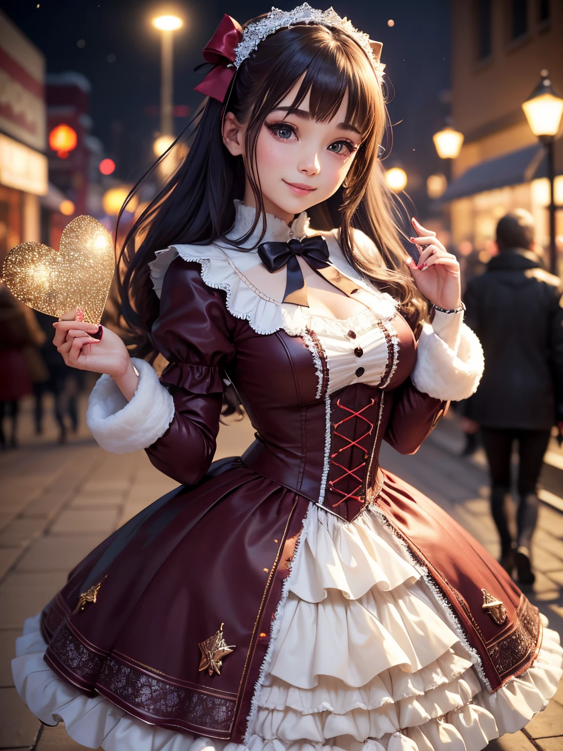 Textured skin, Super Detail, high details, High quality, Best Quality, hight resolution, 1080p, hard disk, Beautiful,Winter illumination,Christmas tree,shopping mall,lolita fashion,Make a heart mark with both hands,she is wearing a cute lolita costume,a smile,