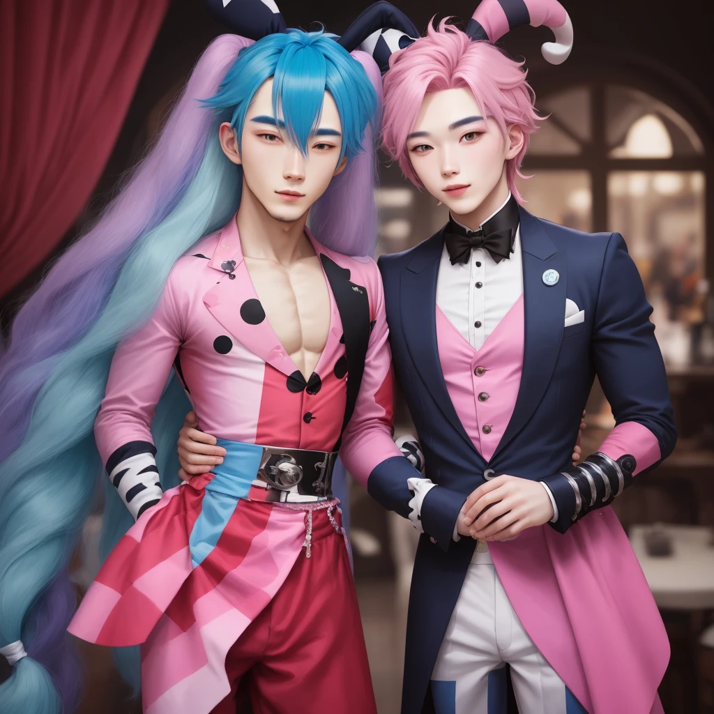 Long pink and blue hair harlequin guy