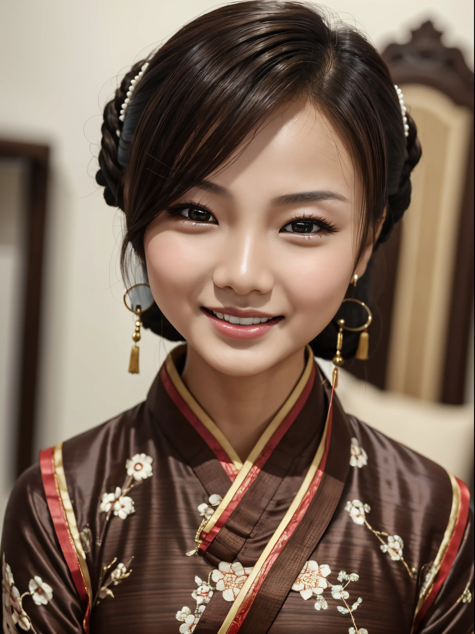 (Masterpiece), (Realistic), (best quality), blurred background, (idol_face), tanned_chinese_cute_28+years_woman, straight_brown-walnut_hair, (small)_forehead, ((small)_(rounded)_eyebrows), (brown-walnut_monolid_upturned_eyes), (double_eyelid), most beautiful_perfect_nose, big_round:1.4_feminine_cute_cheeks, round_feminine_cheekbone, thin:1.2_lips, red_lips, (broad:1.3)_feminine_jaw, rounded_chin, short_153cm_beautiful_feminine_body, wearing_beautiful_qipao, sensual_friendly_expression, (looking_at_viewer), body_visible, smiling, in_front_of_miào