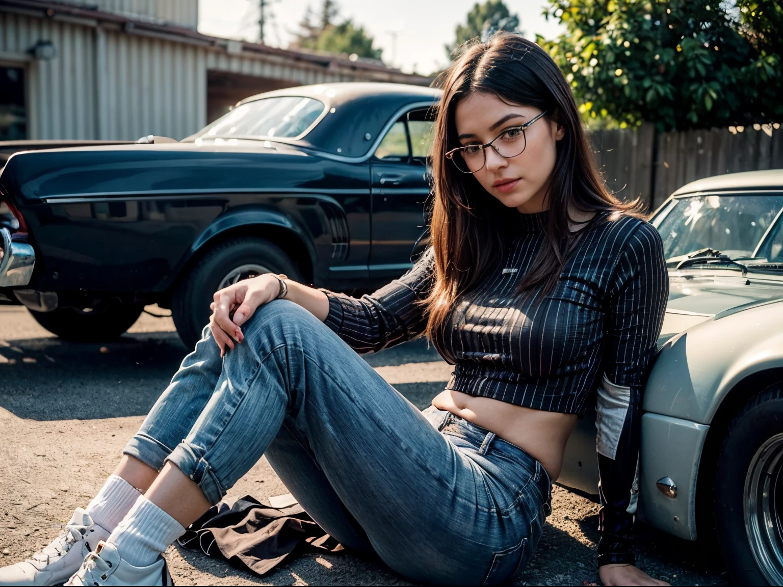 a female (Pin-striper:1.3) is sitting on a tool box (painting a pinstripe freehand on an old hotrod car), she's (painting a curvy detailed pin stripe) to a car, decoration, (she's creating fine intricate line work on car), ((she's a Freehand pin striper:1.5)), using a specialty brush known as a pinstriping brush). exterior parking lot with sports cars and 1950s USA hotrods,realistic photo, (30% of photo is black in drawing:1.4), (freehand curvy pinstripe boarders image:0.9), violet, blue, red, aqua (pinstripe on car:1.3) , she has thick dark-rimmed glasses on and is intensely looking at brush (early sunrise light:1.1), (Rembrandt lighting:0.9) ,(relaxed intimate photoshoot), beautiful face, (she wears dark jeans, white tshirt with sleeves rolled up, white socks and work boots,)slight smile, intense presence, (perfect brush grasp:1.4), cozy relaxed, catching us, beautiful hands, kind eyes, gorgeous soft warm lighting:1.4,, incredible details, ((high contrast)), (deep, darkest shadows), (shadow details:1.0), ((taken using Leica camera, aperture: f/2.3)) , hyper-realistic skin, pores, scar, mole, (she has dark hair in variety of styles, tidy), healthy skin,, her arms relaxed holding book, she sits on a tool box, relaxed moment, she's in dark with natural light glow, (romantic light:1.2), radiant skin, perfectly framed face, perfect relaxed hands, perfect fingers, (perfect portrait, incredible eyes:1.1), a work of art, beautiful composition, golden ratio, playful joy, inspiring, (highest quality fabric texture), every detail,Fine facial features – (Highest Quality) ,Leica camera film, High quality ○○ detailed – ○○ details ultra detailed(Ultra-fine ), Photorealistic, Extremely detailed(Extremely detailed) , (highest detail image, lens flare, realistic)○○ res – ○○ resolution ultra high res(A high resolution),playful relaxed photos