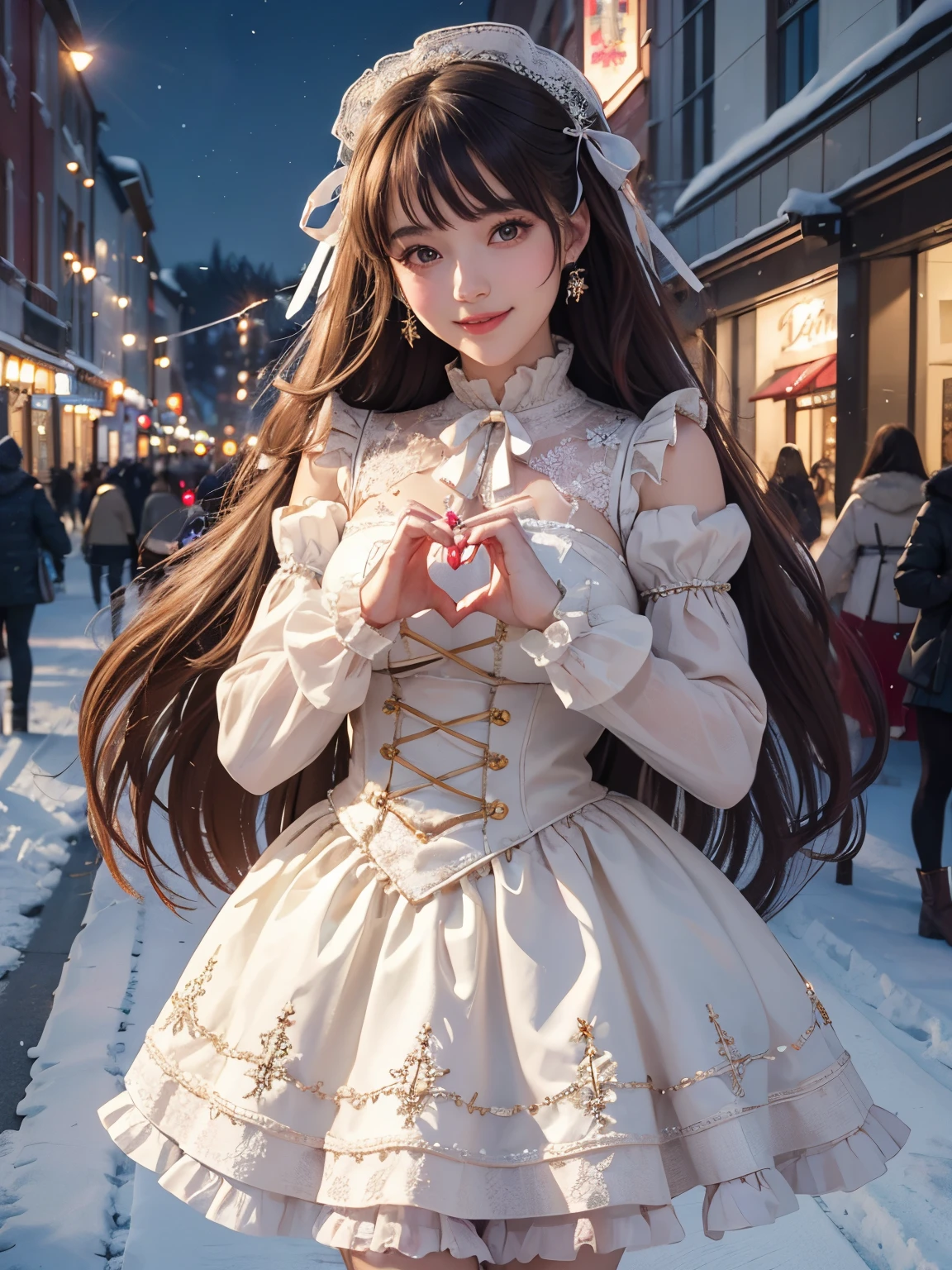 Textured skin, Super Detail, high details, High quality, Best Quality, hight resolution, 1080p, hard disk, Beautiful,Winter illumination,Christmas tree,shopping mall,ta Fashion,Make a heart mark with both hands,she is wearing a cute loliostume,lovely smile