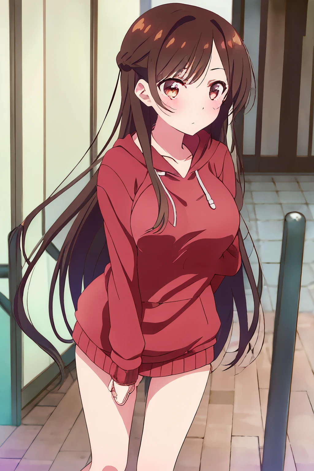 1 girl, alone, chizuru mizuhara, masterpiece, best quality, 8k wallpaper, beautiful detailed eyes, 1 girl, long hair, breasts, looking at viewer, blushing, brown hair, brown eyes, large breasts, medium hips, thighs baggy, red hoodie,