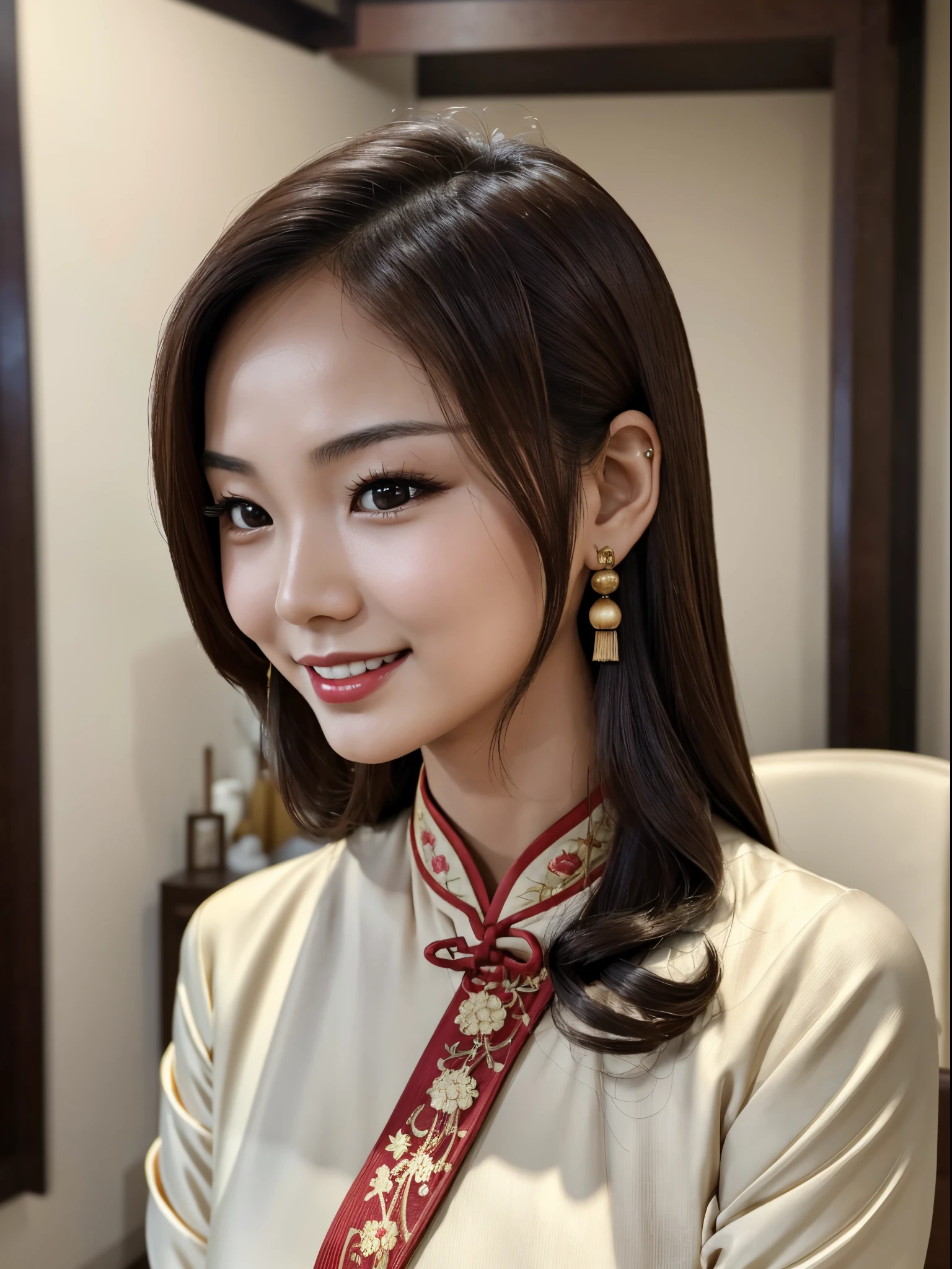 (Masterpiece), (Realistic), (best quality), blurred background, (idol_face), tanned_chinese_cute_28+years_woman, straight_brown-walnut_hair, (small)_forehead, ((small)_(rounded)_eyebrows), (brown-walnut_monolid_upturned_eyes), (double_eyelid), most beautiful_perfect_nose, big_round:1.4_feminine_cute_cheeks, round_feminine_cheekbone, thin:1.2_lips, red_lips, (broad:1.3)_feminine_jaw, rounded_chin, short_153cm_beautiful_feminine_body, wearing_beautiful_qipao, sensual_friendly_expression, (looking_at_viewer), body_visible, smiling, in_front_of_miào