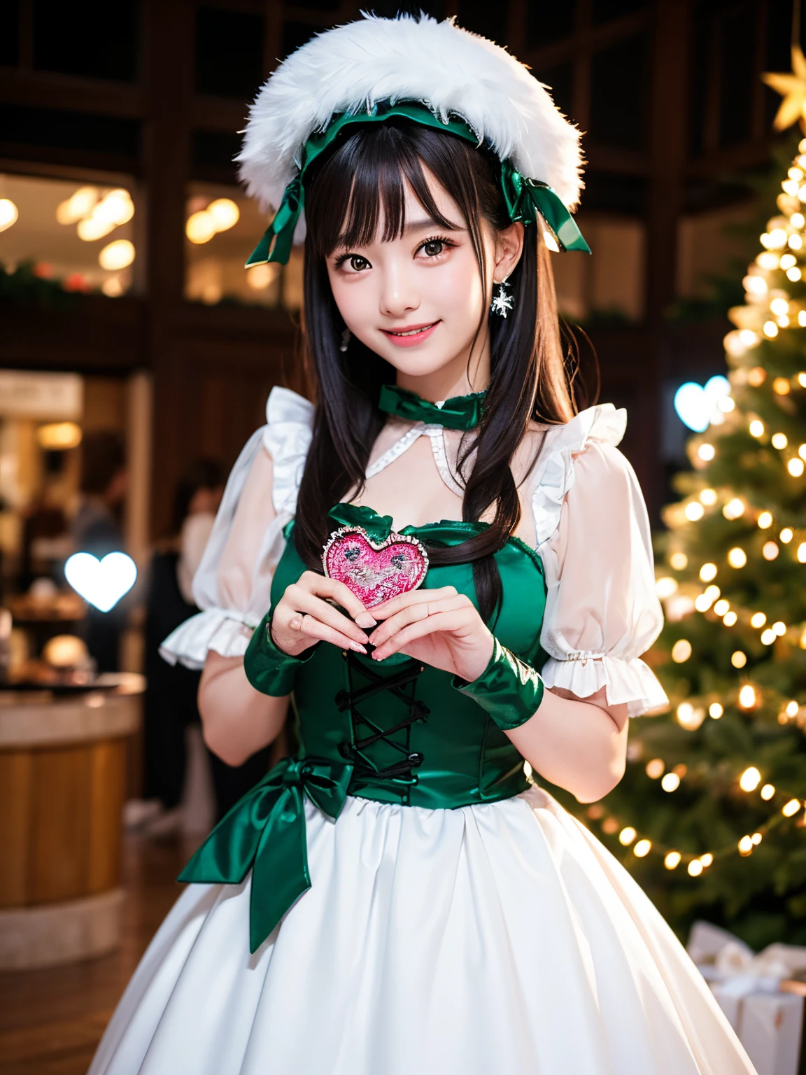 Textured skin, Super Detail, high details, High quality, Best Quality, hight resolution, 1080p, hard disk, Beautiful,Winter illumination,Christmas tree,shopping mall,Lolita Fashion,Make a heart mark with both hands,she is wearing a cute lolita costume,Lovely smile