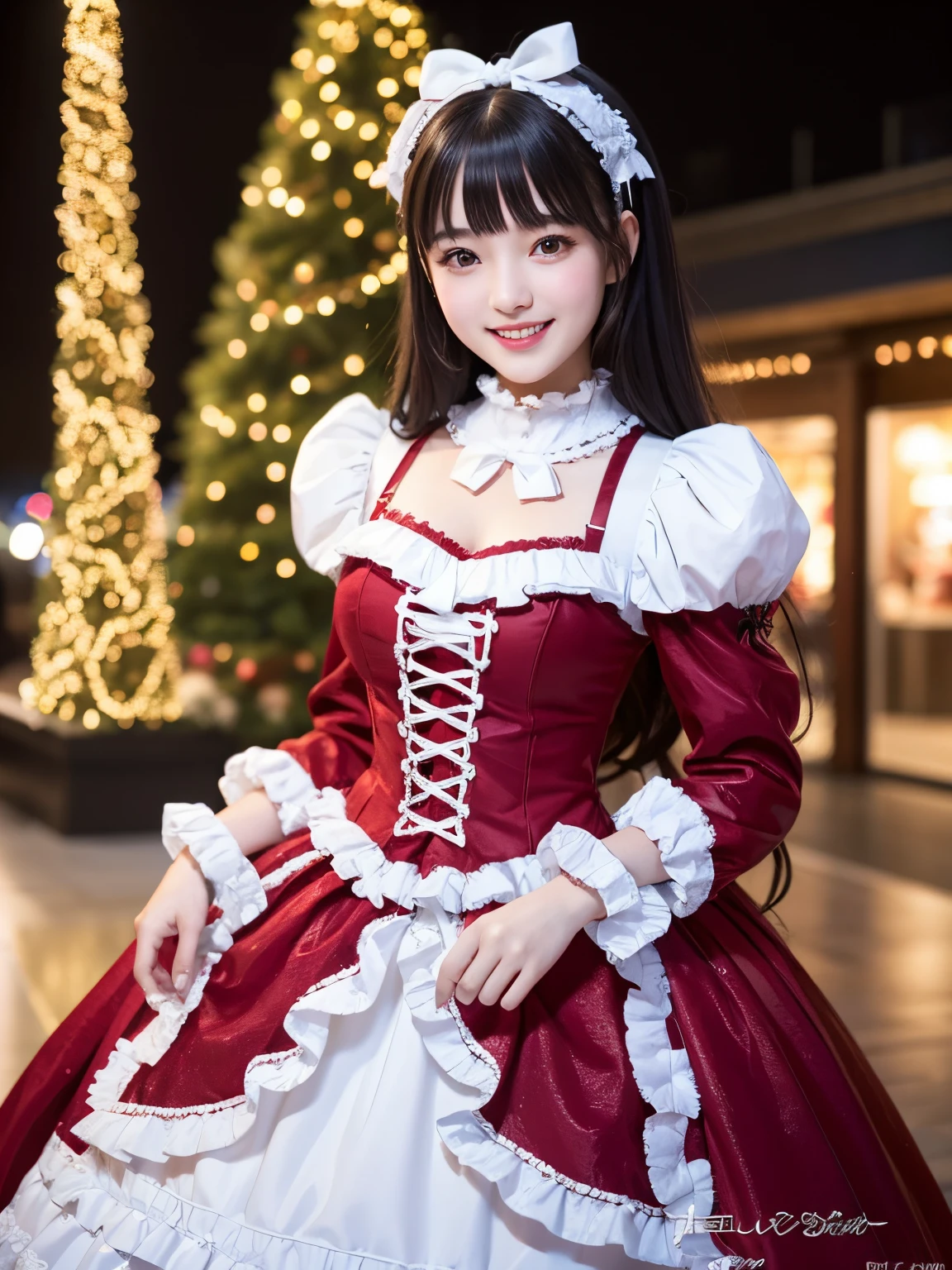 Textured skin, Super Detail, high details, High quality, Best Quality, hight resolution, 1080p, hard disk, Beautiful,Winter illumination,Christmas tree,shopping mall,Lolita Fashion,Make a heart mark with both hands,she is wearing a cute lolita costume,Lovely smile