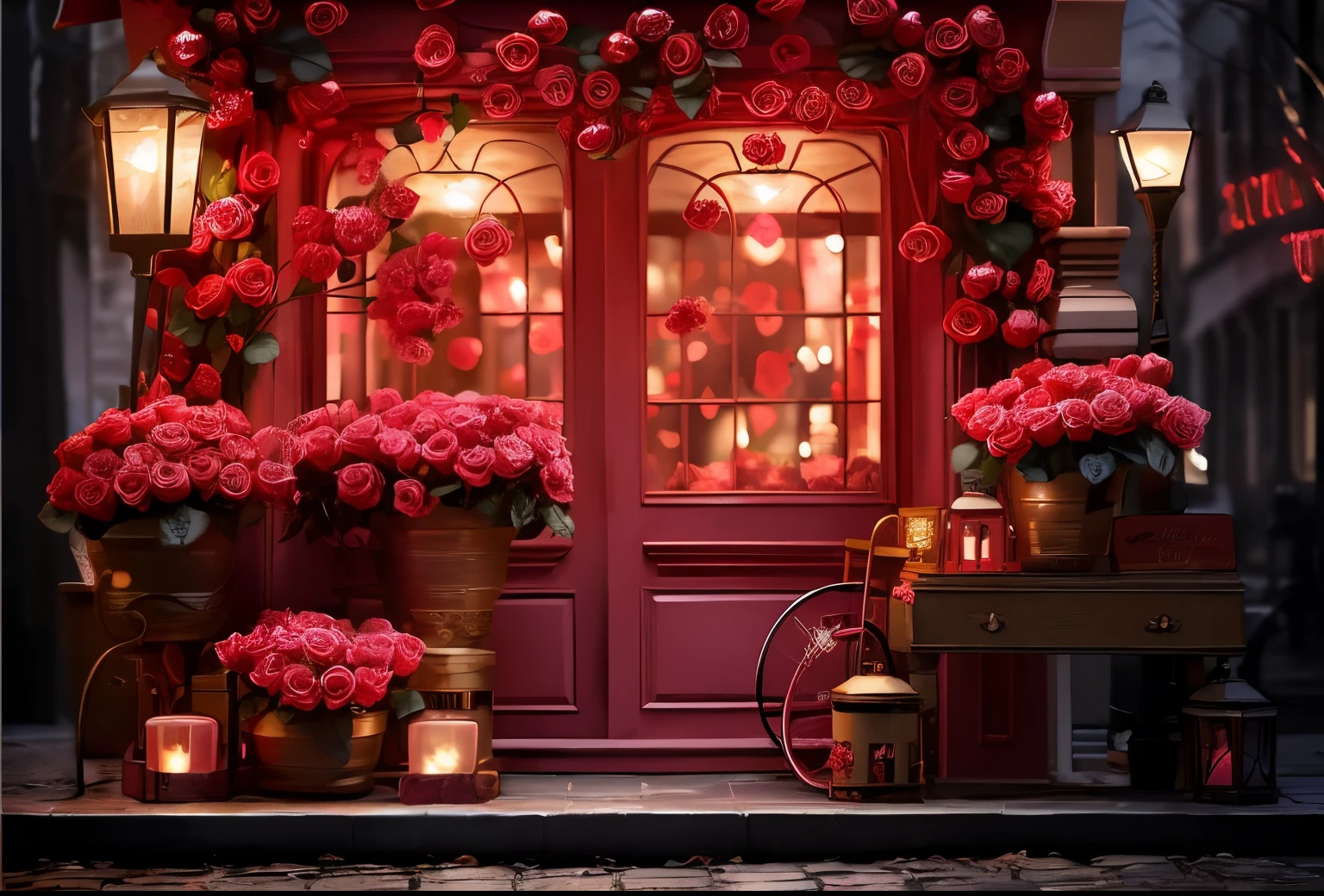 (high quality image,romantic theme,romantic style,romantic atmosphere,red neon roses,red roses,decorative roses,pink and red,beautiful atmosphere,warm street lamp at the store entrance,little red roses,dreamy and romantic)