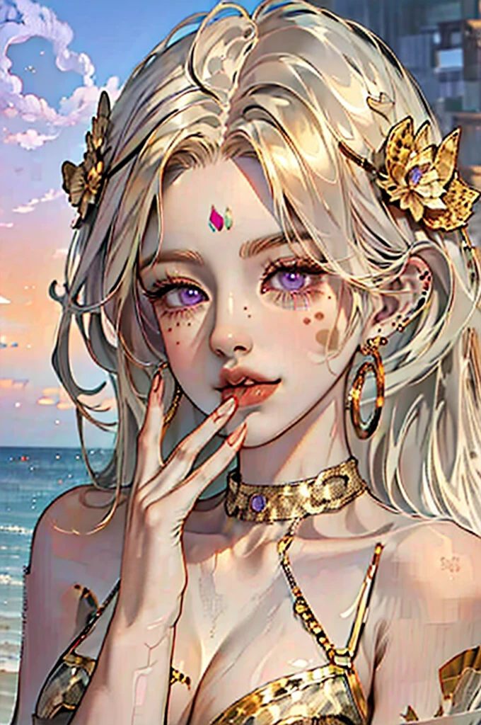 (highest quality), (masterpiece), (intricate high detailed body:1.2), gyaru, (oiled skin:1.1), 1girl, leopard print micro bikini, blonde hair, long hair, naughty face, (curvy body:1.1), (gigantic breasts:1.3), hoop earrings, necklace, mole on breast, navel piercing, purple eyes, (arms behind head:1.1), (tongue out:1.2), cowboy shot, (face focus:1.4), beach