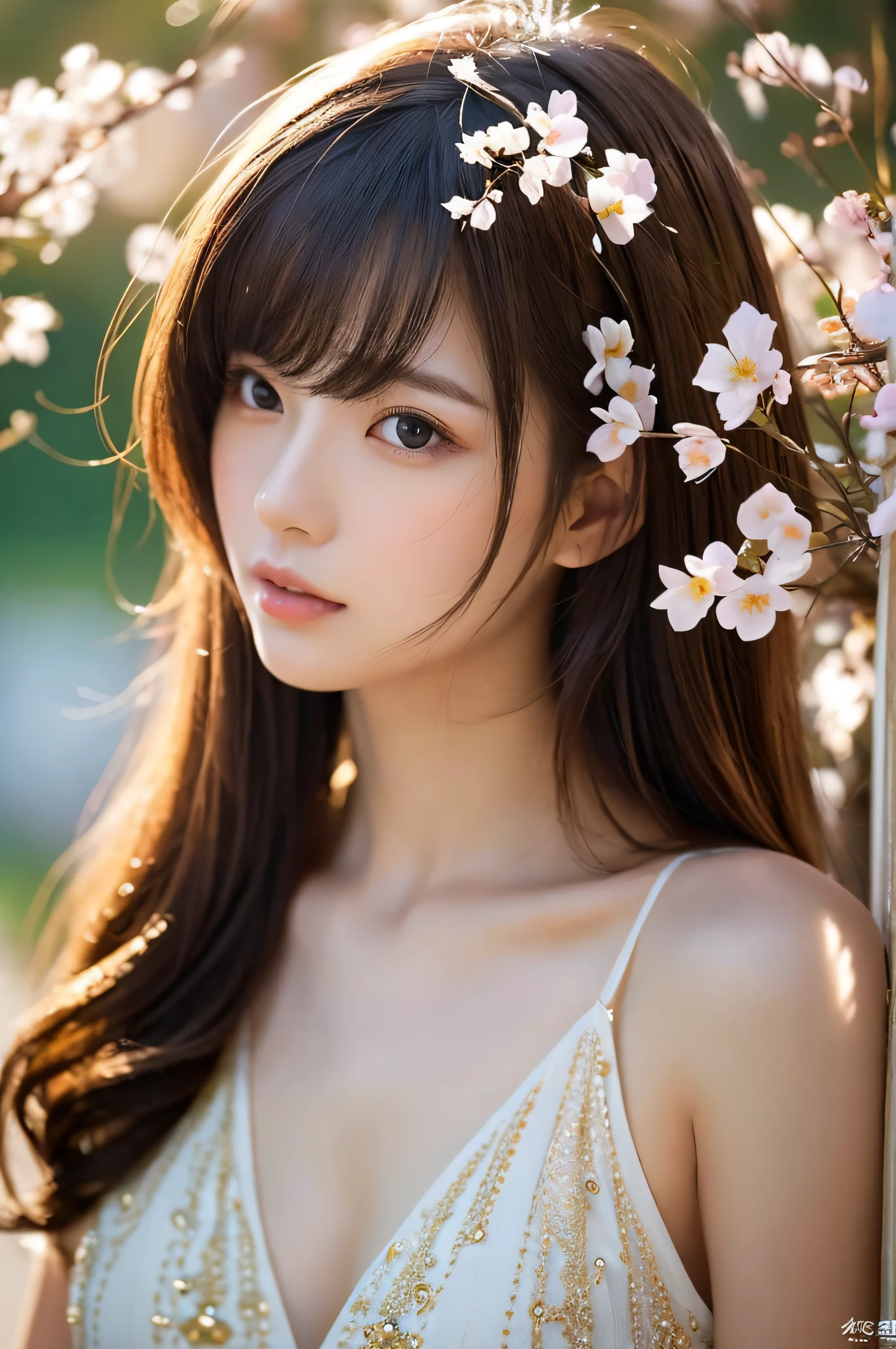 (logo、masterpiece、8k、Tabletop、RAW Photos、wonderful、最high quality、フォトリアリスティックでVery detailedな CG 統合 8k 壁紙、high quality、Very detailed、Narrative poem、Particle Effects、Dynamic Effects、Written boundary depth、Cinematic Light、Lens flare、Ray Tracing)、Fantasy、 (One beautiful woman、dress、dress、Cherry blossom pattern、Black-haired、Beautiful Face、True Face、Beautiful details、eye、Beautiful Skin)、髪がWindで踊る、Hair flutters in Wind、Hair bounces、Pink cherry blossom tree、Petals fluttering、SakuraFubuki、wonderful景色、sunrise、Sun in the background、Wind