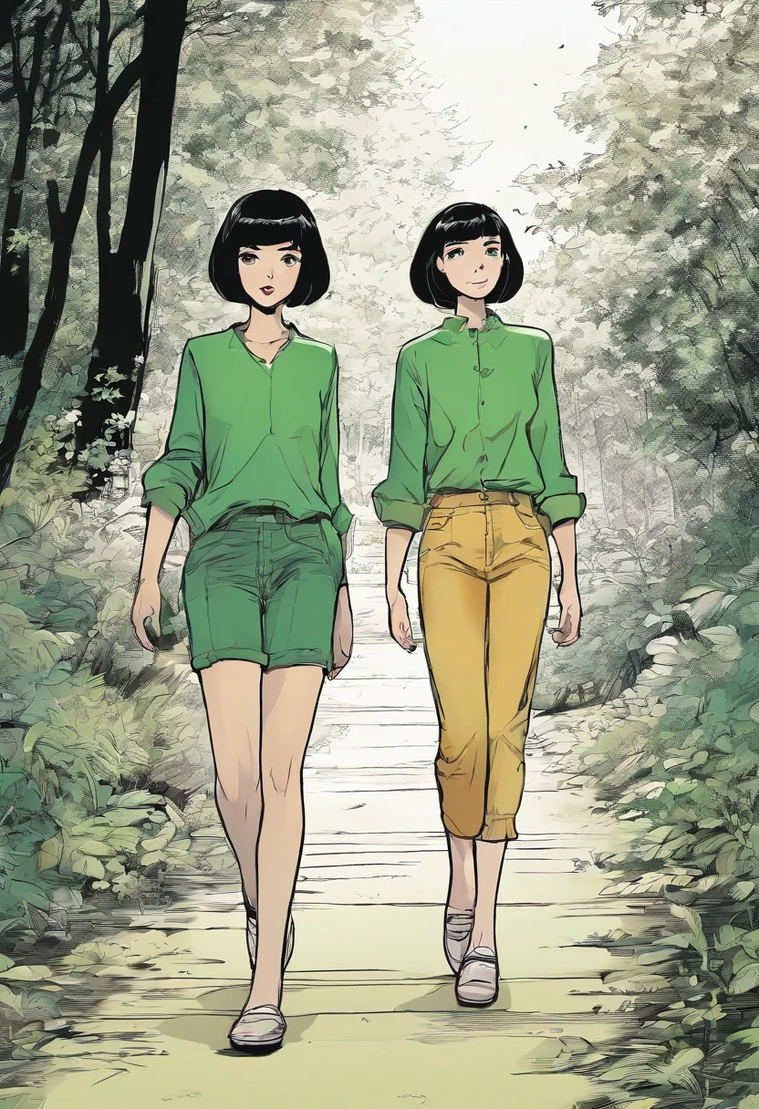 two girls walking at night through a forest, both girls are wearing a green blouse, black pants, white shoes, short black hair, blue eyes, well-defined body, short hair, well-defined body, Detailed body, Detailed face, Masterpiece , Best quality, high quality,