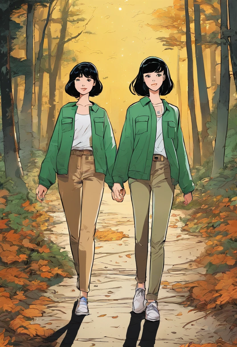 two girls walking at night through a forest, both girls are wearing a green blouse, black pants, white shoes, short black hair, blue eyes, well-defined body, short hair, well-defined body, Detailed body, Detailed face, Masterpiece , Best quality, high quality,