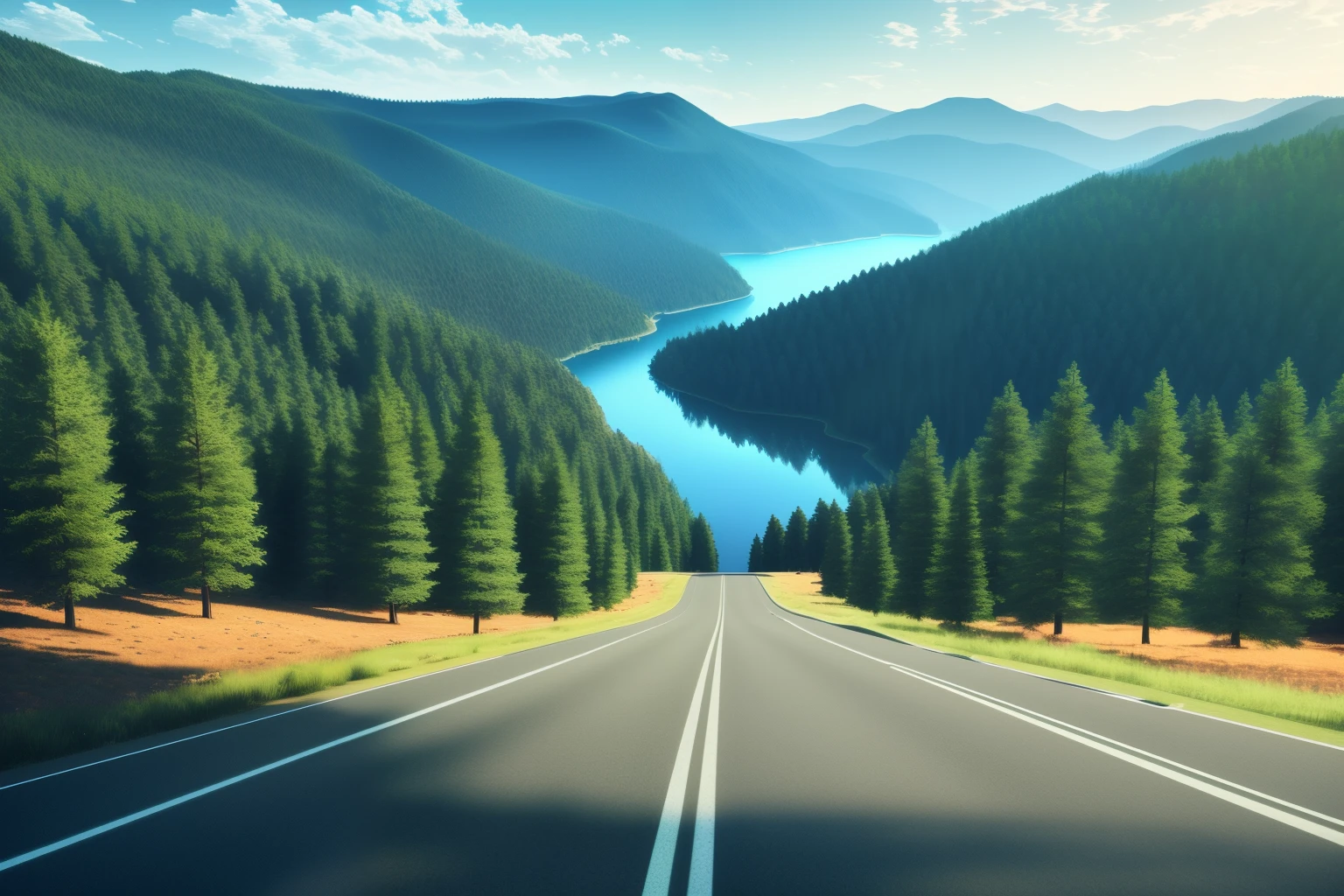 Ultra-realistic, 8K resolution, HD, Lone road, pine trees one side, lake other side, breathtaking view, cinematic view, Chairosuro lighting
