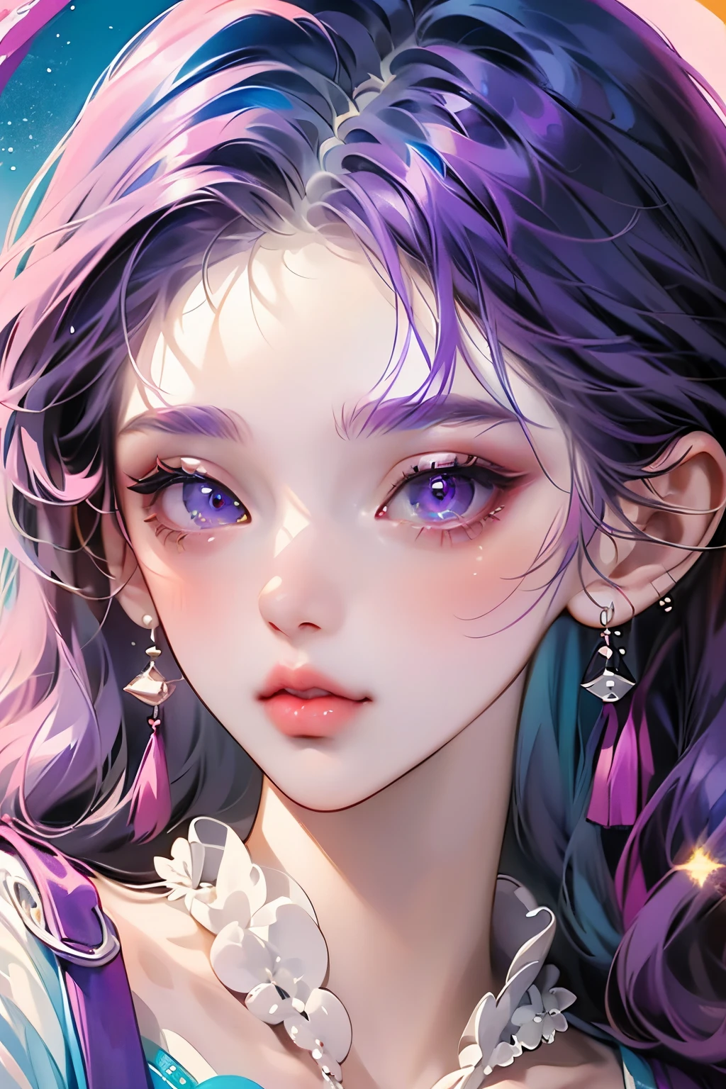 hightquality、1 girl in、Pouty lips、purple color  hair、long lashes、Conspicuous eyes、watercolor paiting、bustup、Looking at the camera、Glitter eyes、Pink inner color